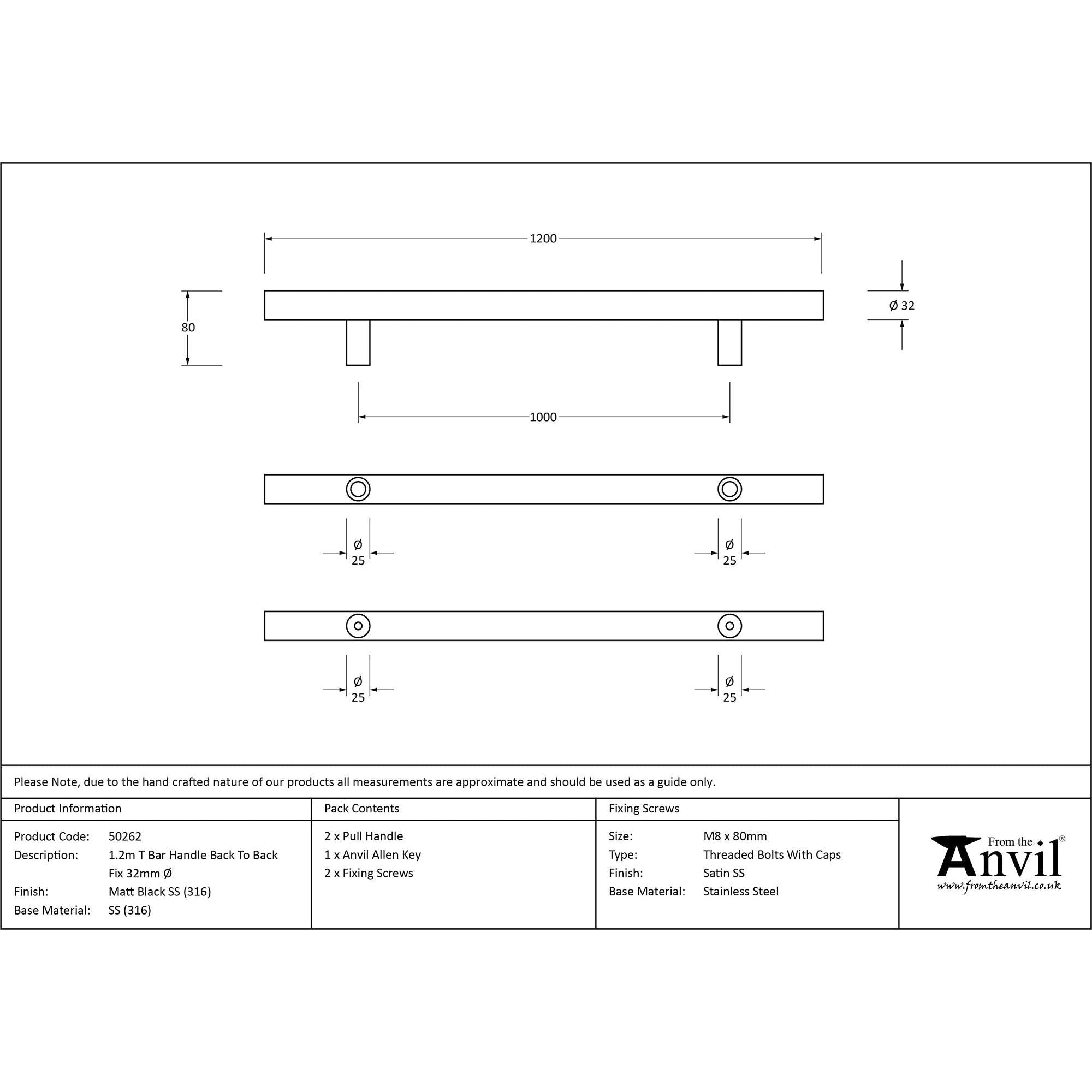 Matt Black SS (316) 1.2m T Bar Handle B2B Fix 32mm Ø | From The Anvil - Door Pull Handles - From The Anvil - Yester Home