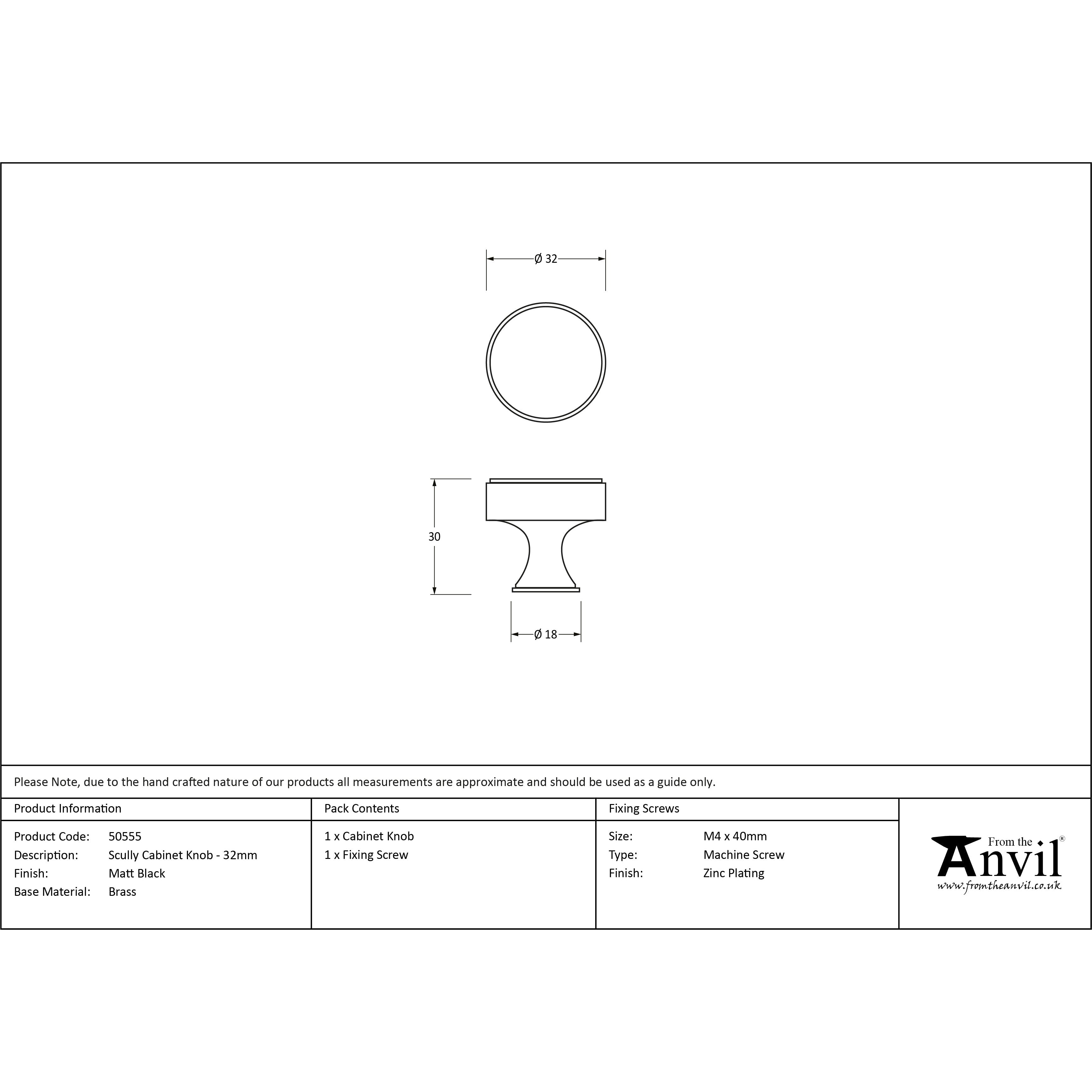 Matt Black Scully Cabinet Knob - 32mm | From The Anvil-Cabinet Knobs-Yester Home