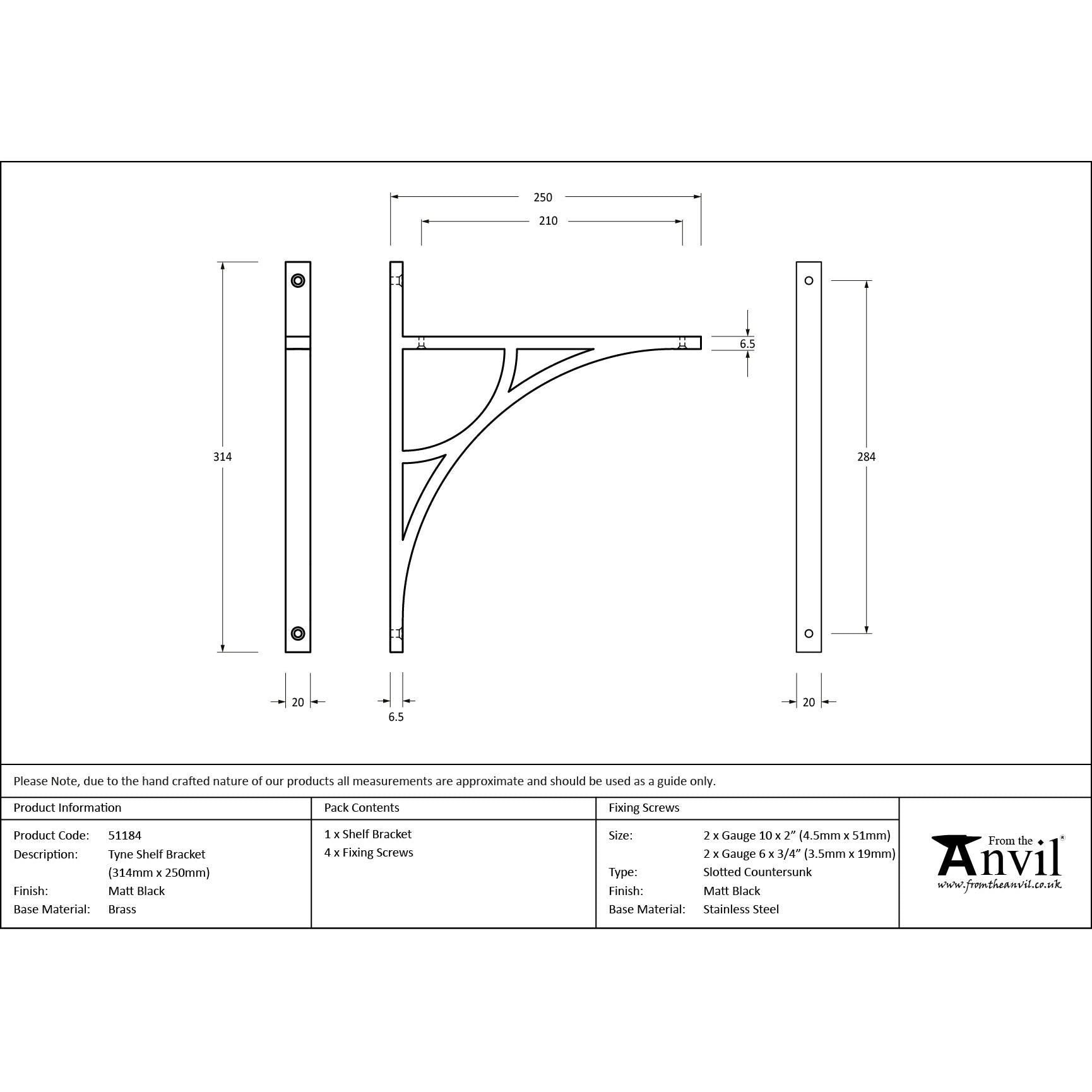 Matt Black Tyne Shelf Bracket (314mm x 250mm) | From The Anvil - Shelf Brackets - From The Anvil - Yester Home