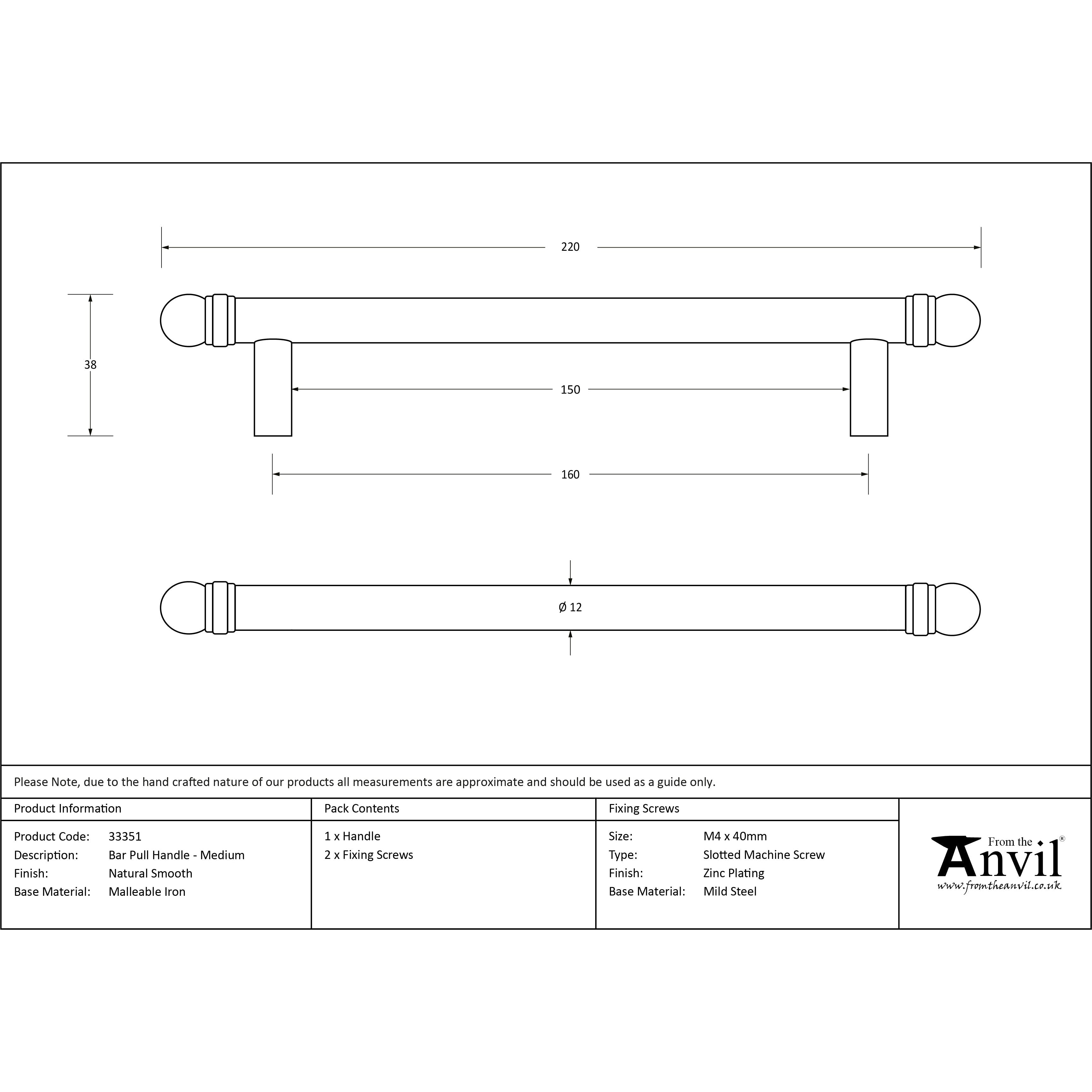 Natural Smooth 220mm Bar Pull Handle | From The Anvil-Pull Handles-Yester Home