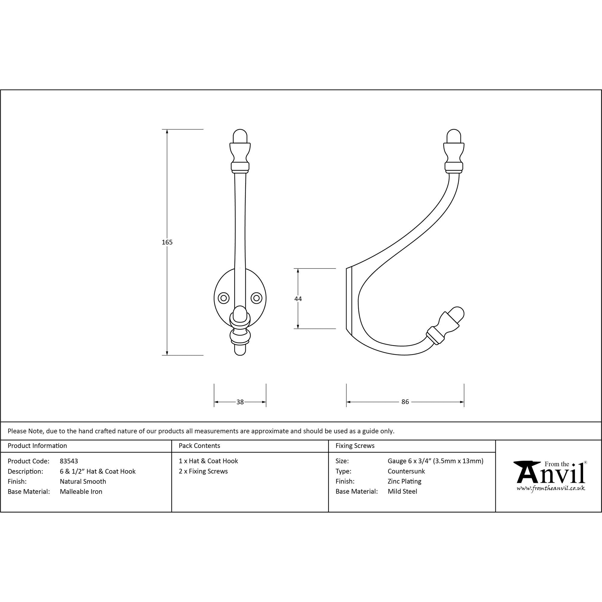 Natural Smooth 6 1/2" Hat & Coat Hook | From The Anvil - Coat Hooks - From The Anvil - Yester Home