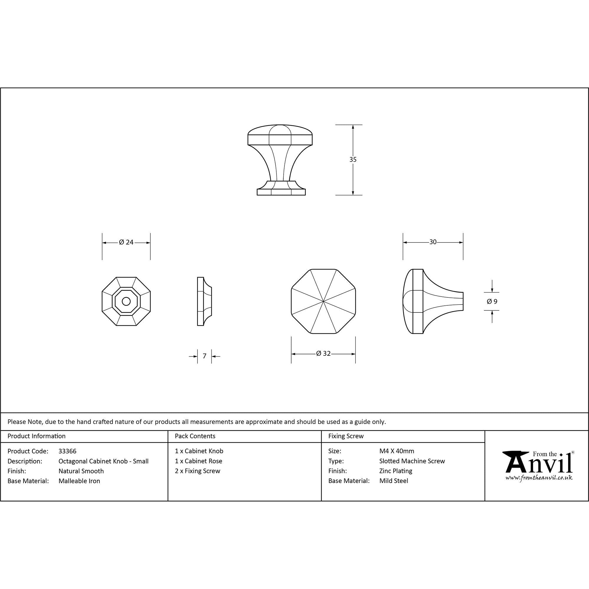 Natural Smooth Octagonal Cabinet Knob - Small | From The Anvil - Cabinet Knobs - From The Anvil - Yester Home