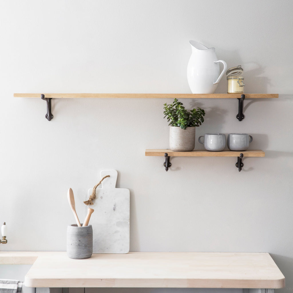 Oak Shelf With Cast Iron Brackets-Racks & Shelves-Yester Home