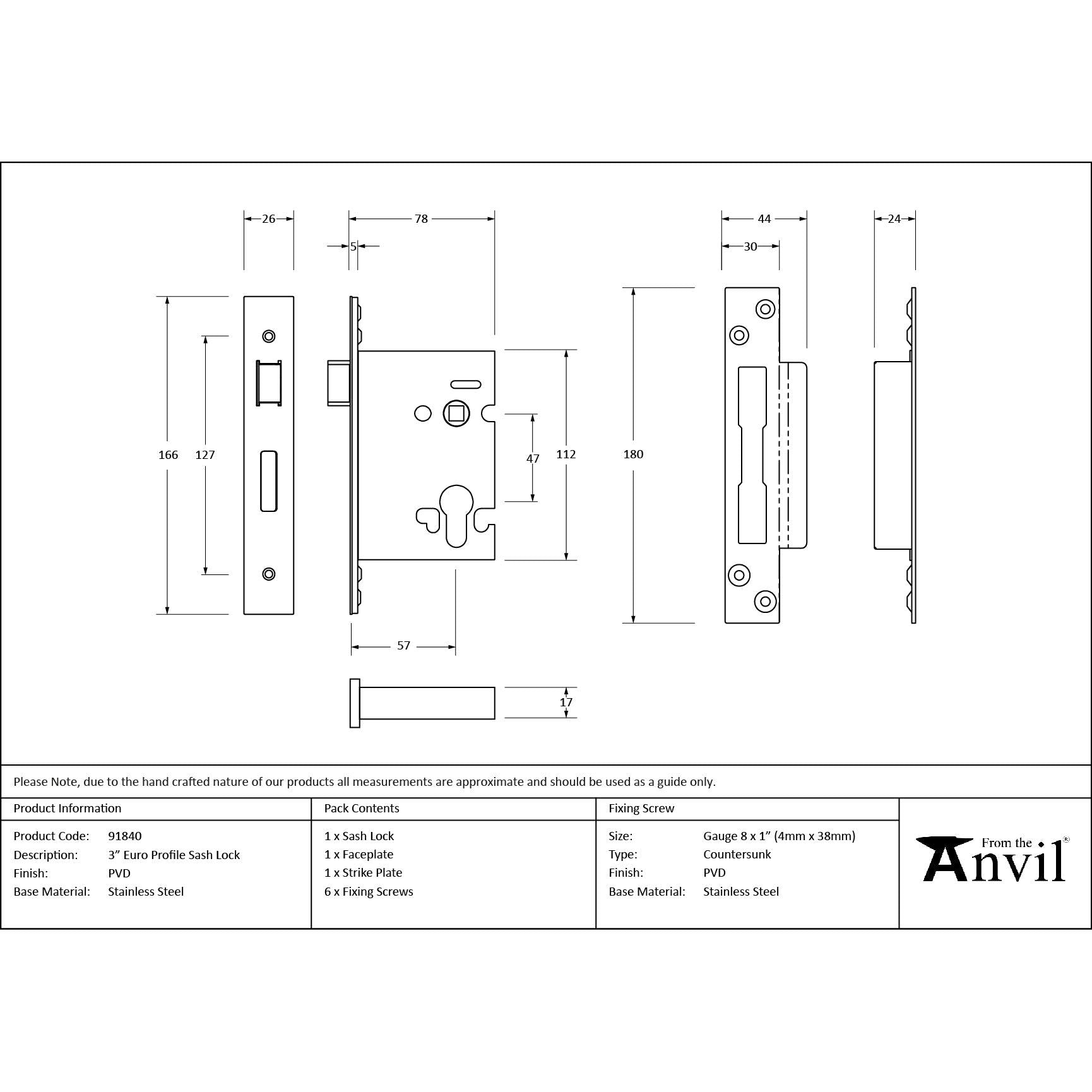PVD 3" Euro Profile Sash Lock | From The Anvil - Euro Locks - From The Anvil - Yester Home