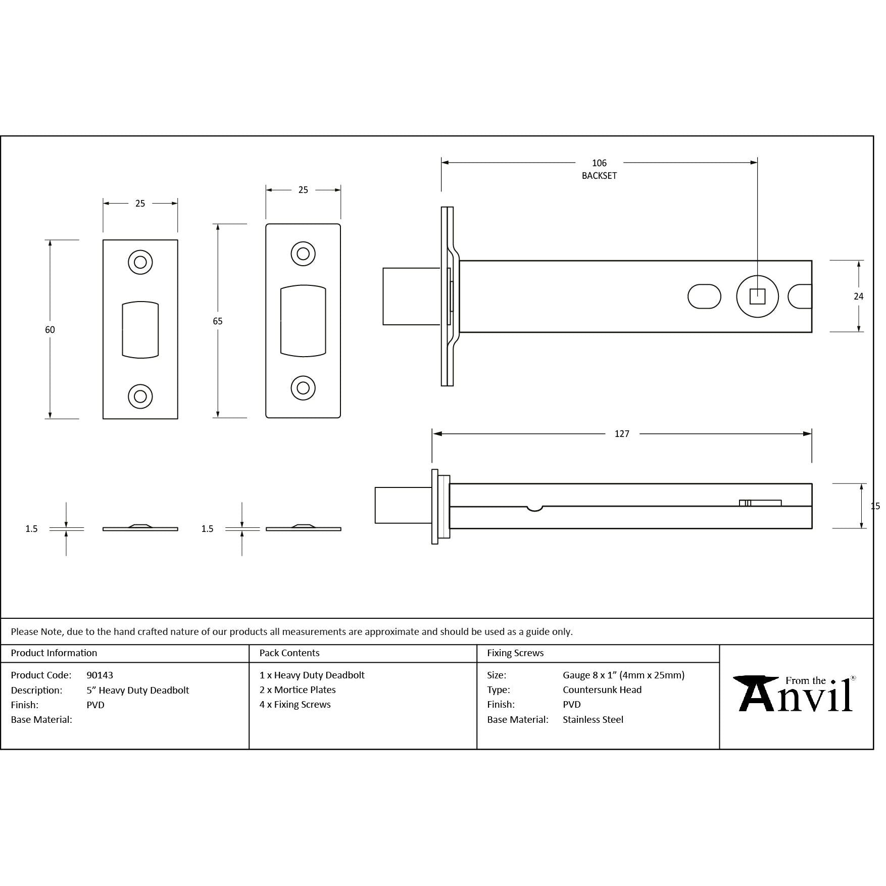 PVD 5" Heavy Duty Tubular Deadbolt | From The Anvil - Deadlocks & Deadbolts - From The Anvil - Yester Home