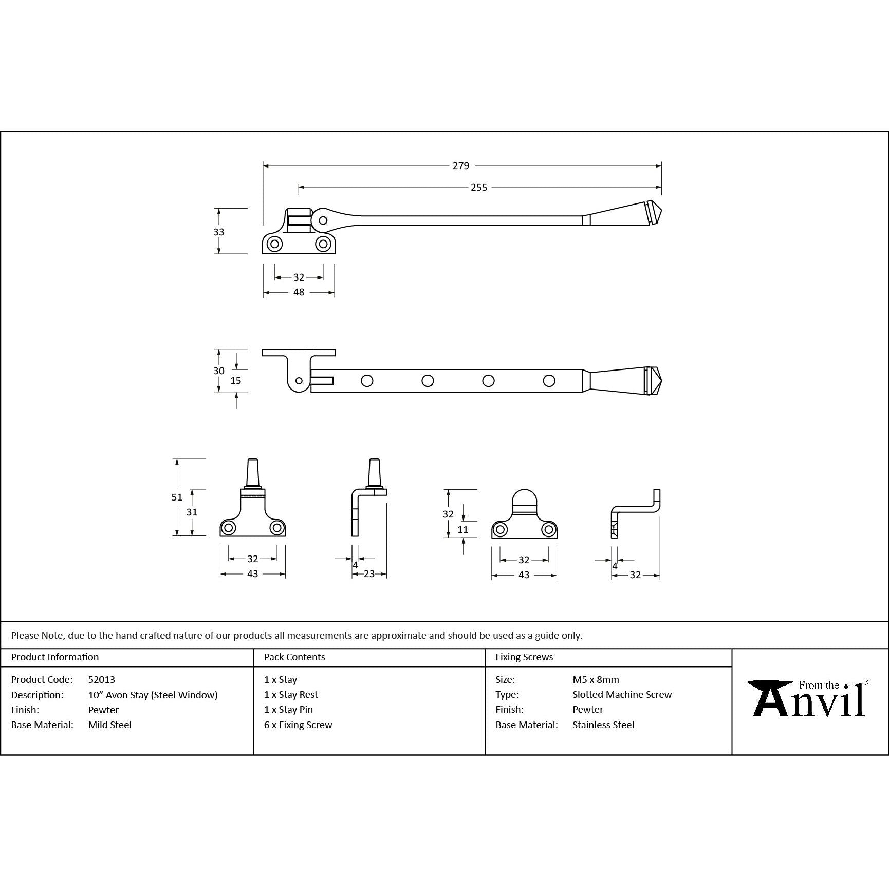 Pewter 10" Avon Stay (Steel Window) - Stays - From The Anvil - Yester Home