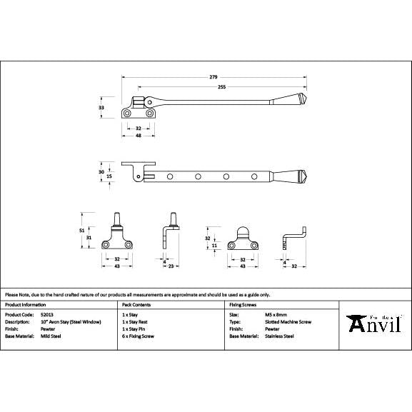 Pewter 10" Avon Stay (Steel Window) - Stays - From The Anvil - Yester Home