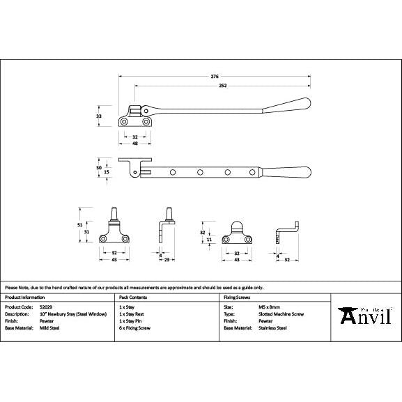 Pewter 10" Newbury Stay (Steel Window) - Stays - From The Anvil - Yester Home