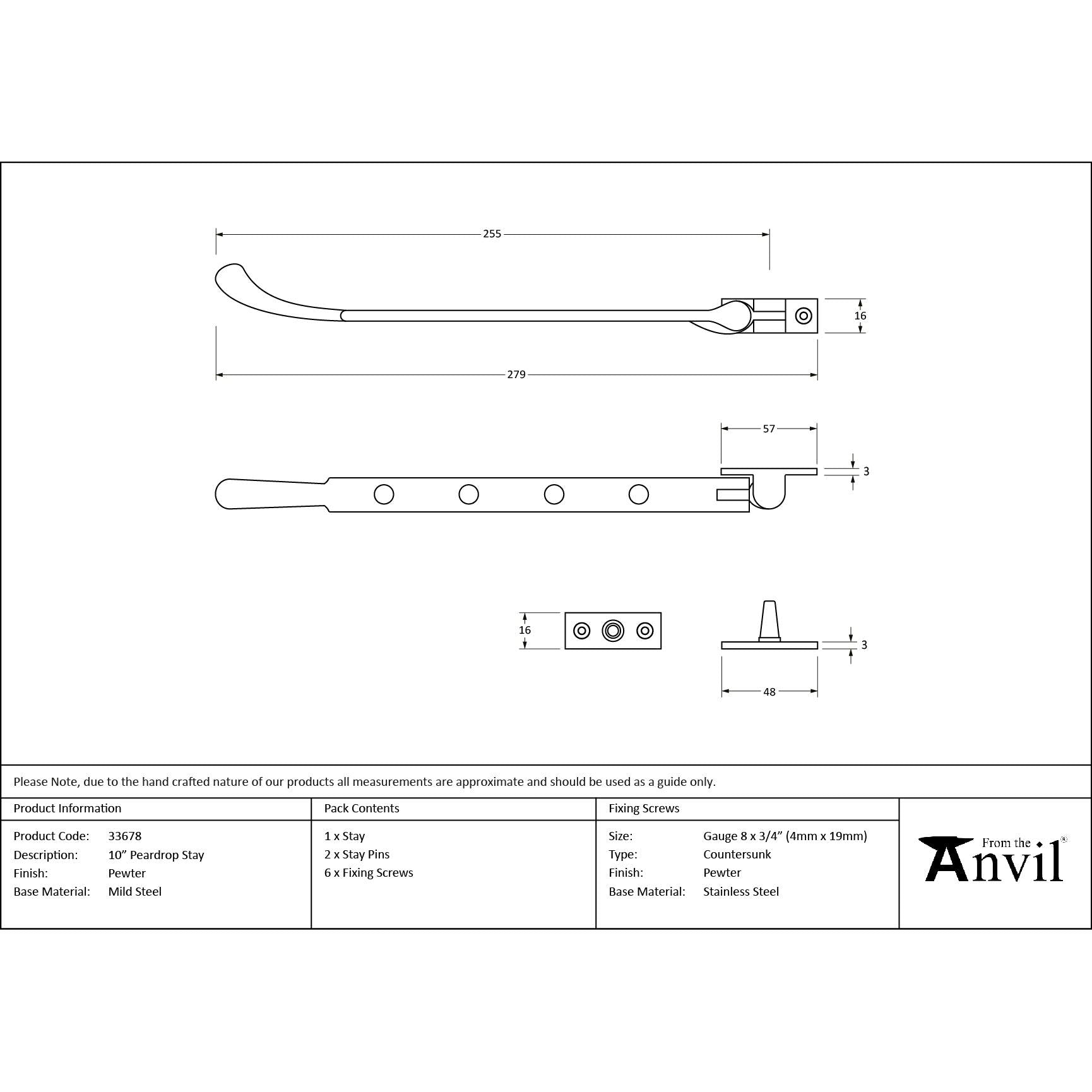 Pewter 10" Peardrop Stay | From The Anvil - Stays - From The Anvil - Yester Home