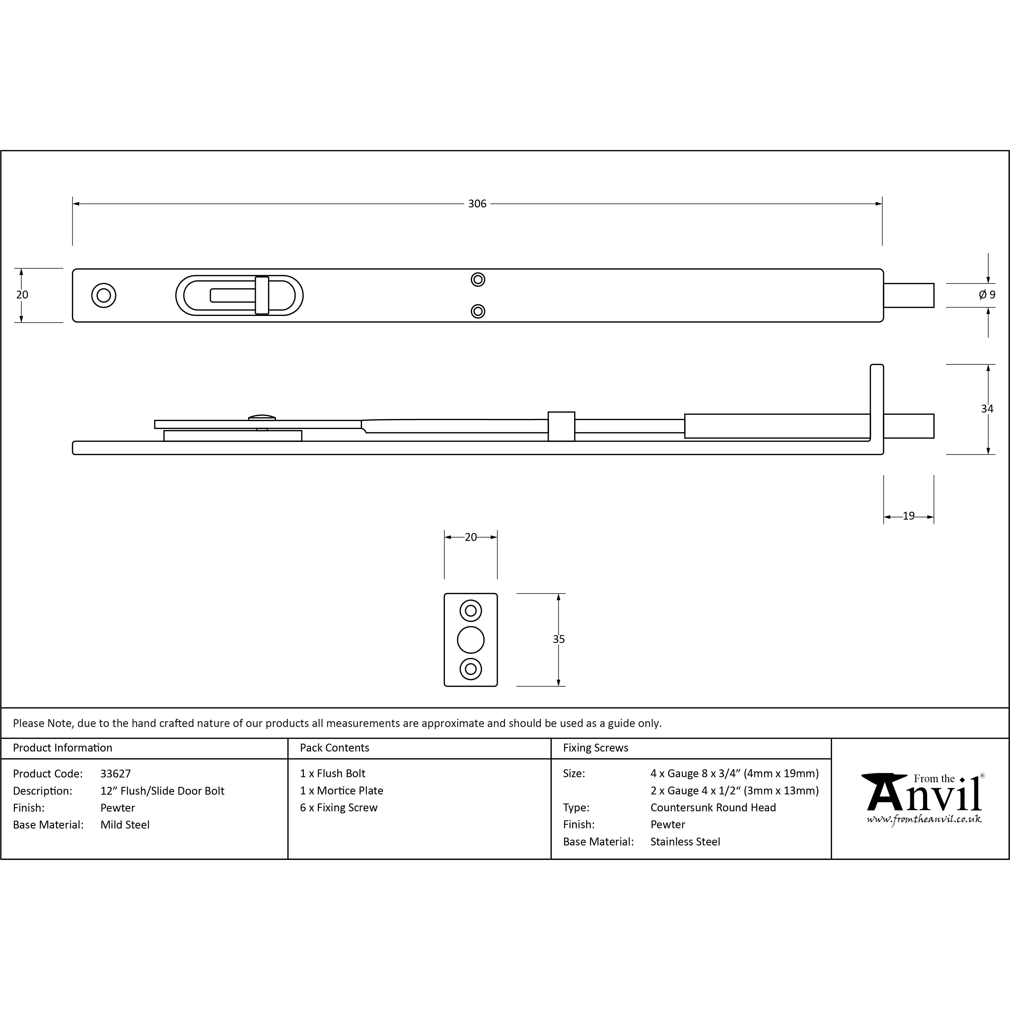 Pewter 12'' Flush/Slide Door Bolt | From The Anvil-Bolts-Yester Home