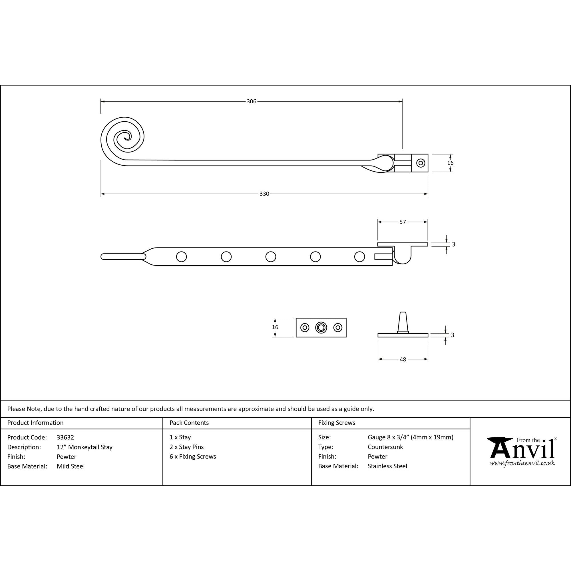 Pewter 12" Monkeytail Stay | From The Anvil - Stays - From The Anvil - Yester Home