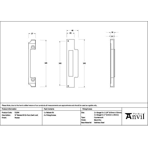Pewter ½" Rebate Kit for Euro Sash Lock - Euro Locks - From The Anvil - Yester Home