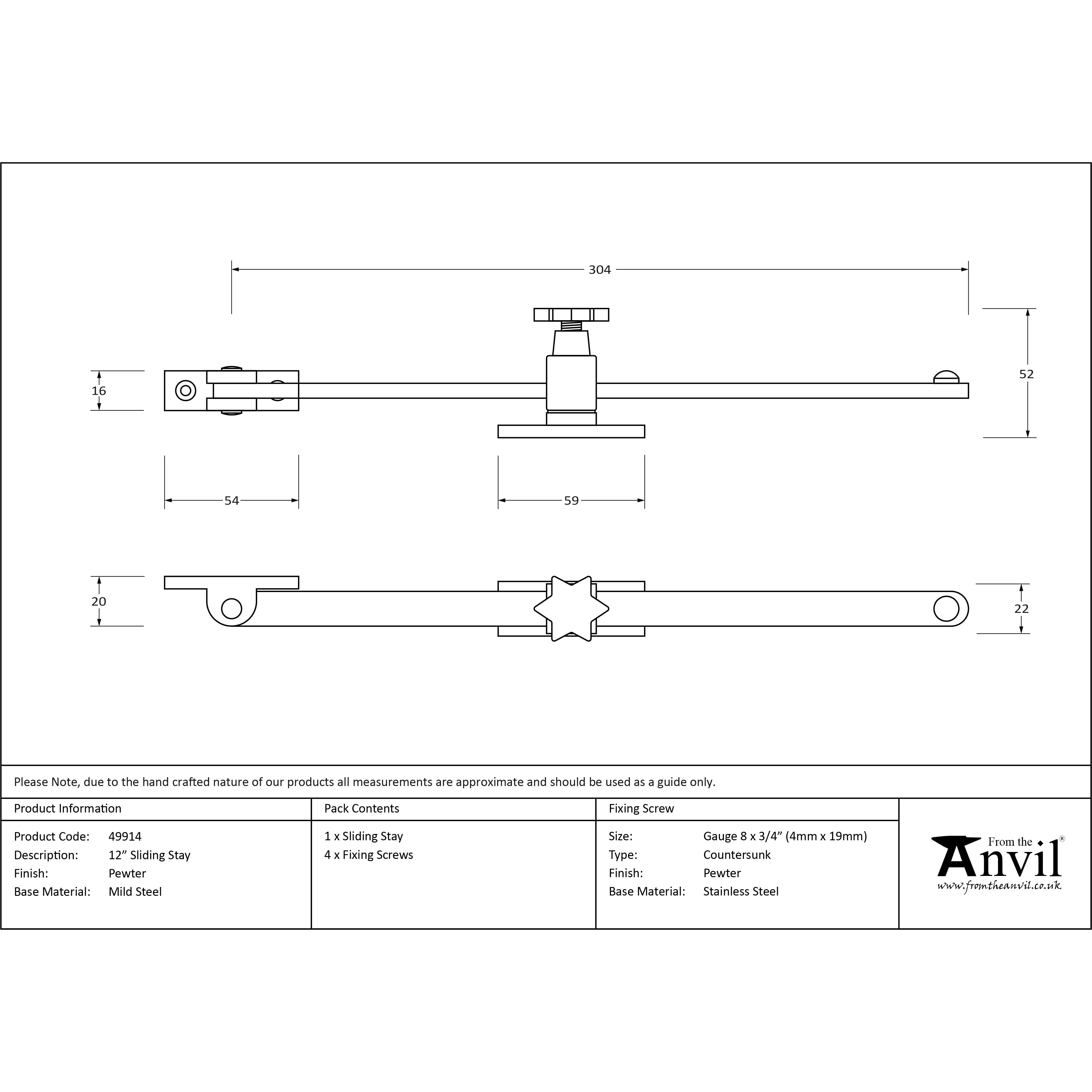 Pewter 12" Sliding Stay | From The Anvil-Stays-Yester Home