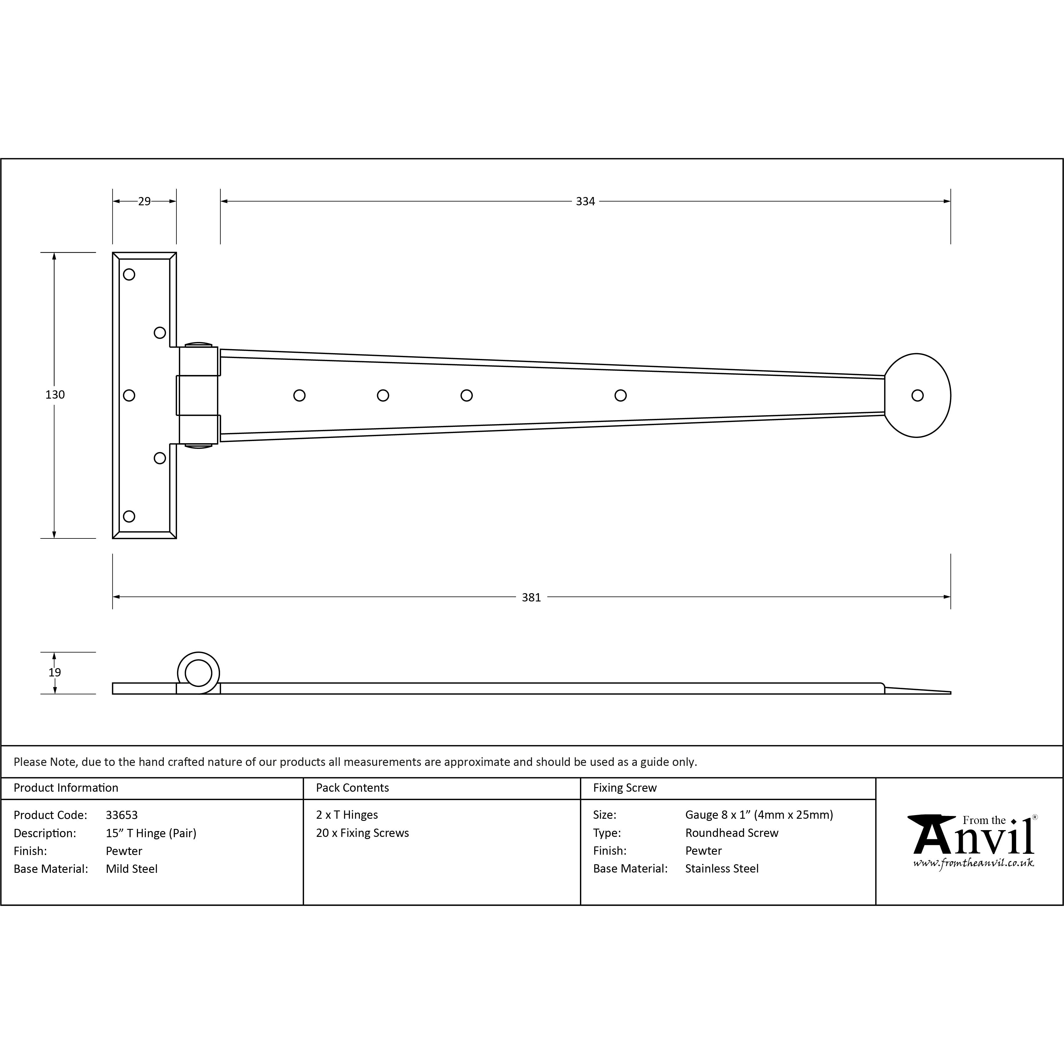 Pewter 15" Penny End T Hinge (pair) | From The Anvil-T Hinges-Yester Home