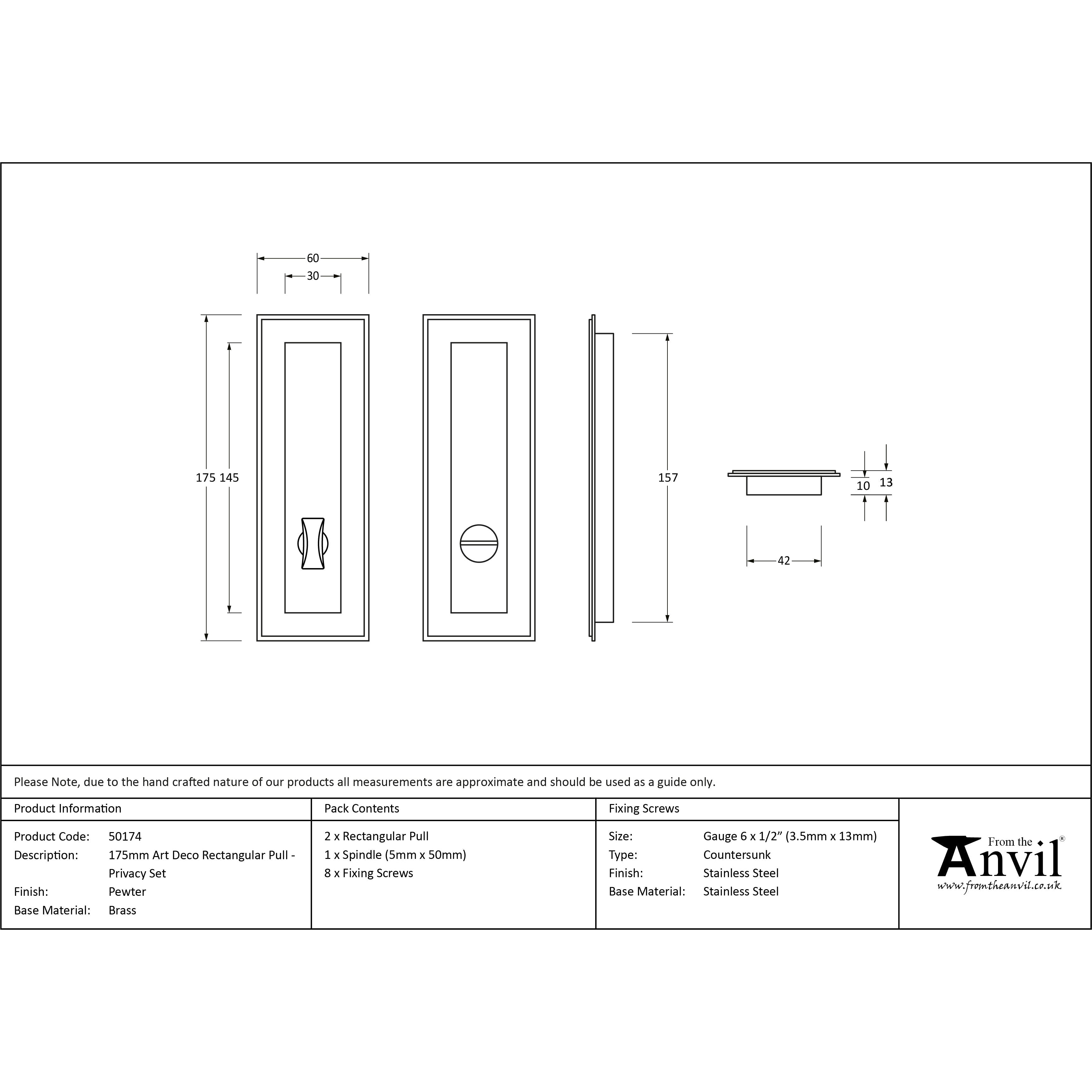 Pewter 175mm Art Deco Rectangular Pull - Privacy Set | From The Anvil-Cabinet Pulls-Yester Home
