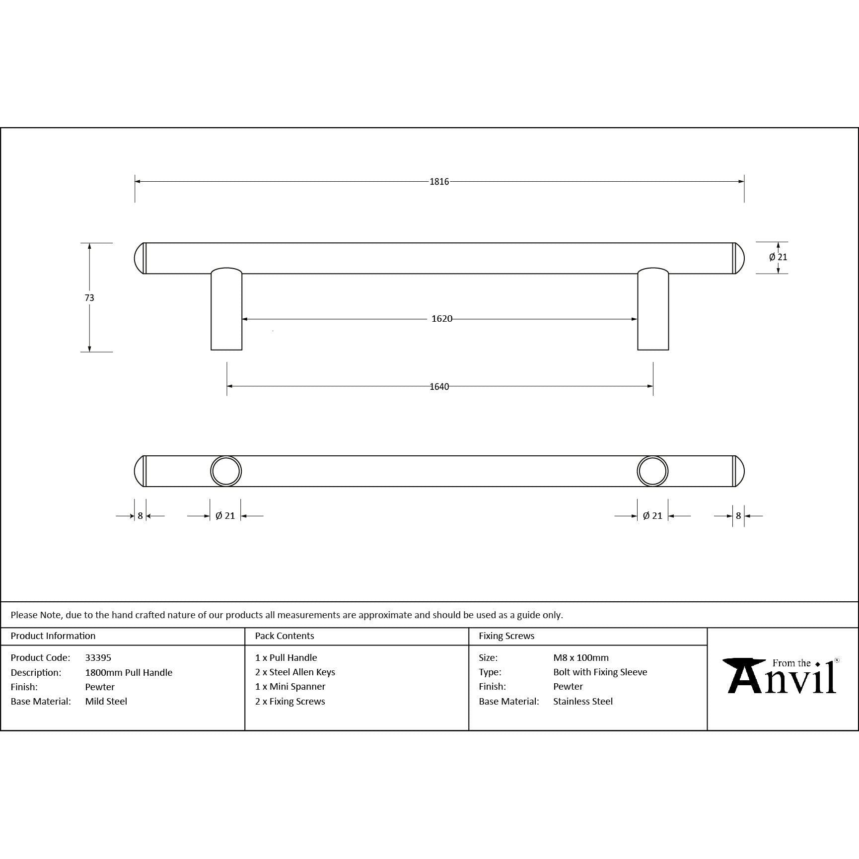 Pewter 1800mm Pull Handle | From The Anvil - Door Pull Handles - From The Anvil - Yester Home