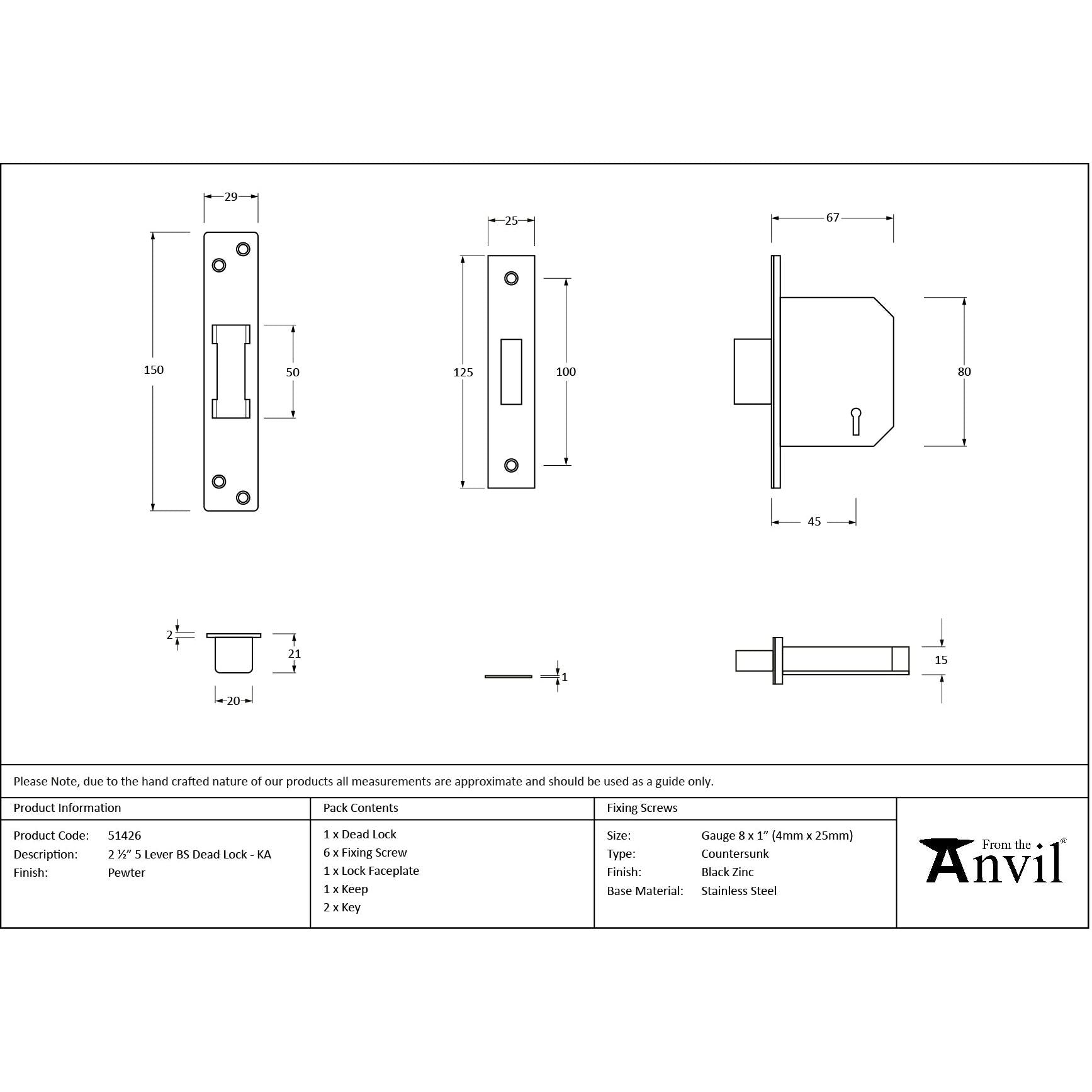 Pewter 2½" 5 Lever BS Dead Lock KA - Deadlocks & Deadbolts - From The Anvil - Yester Home