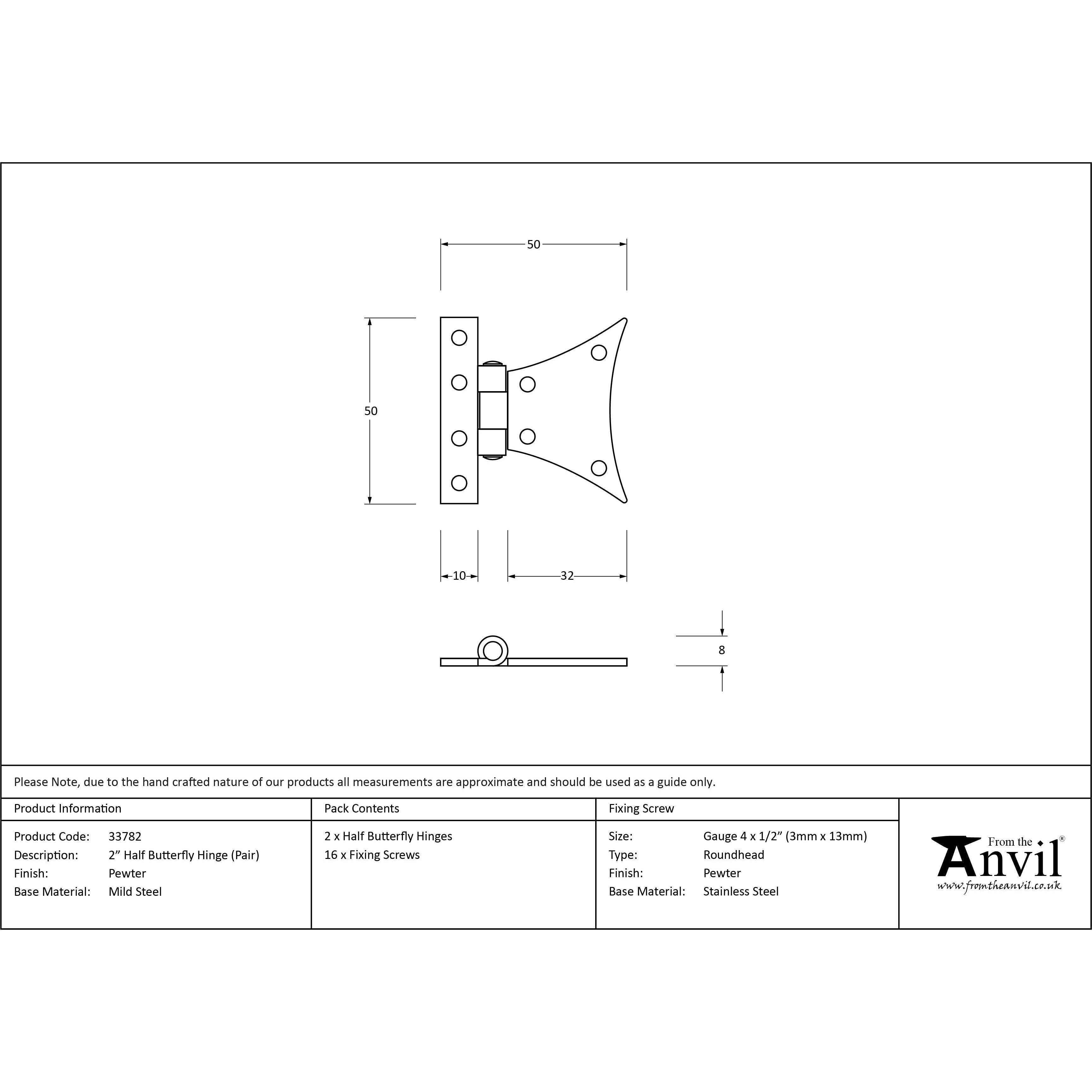 Pewter 2" Half Butterfly Hinge (pair) | From The Anvil-Butterfly Hinges-Yester Home
