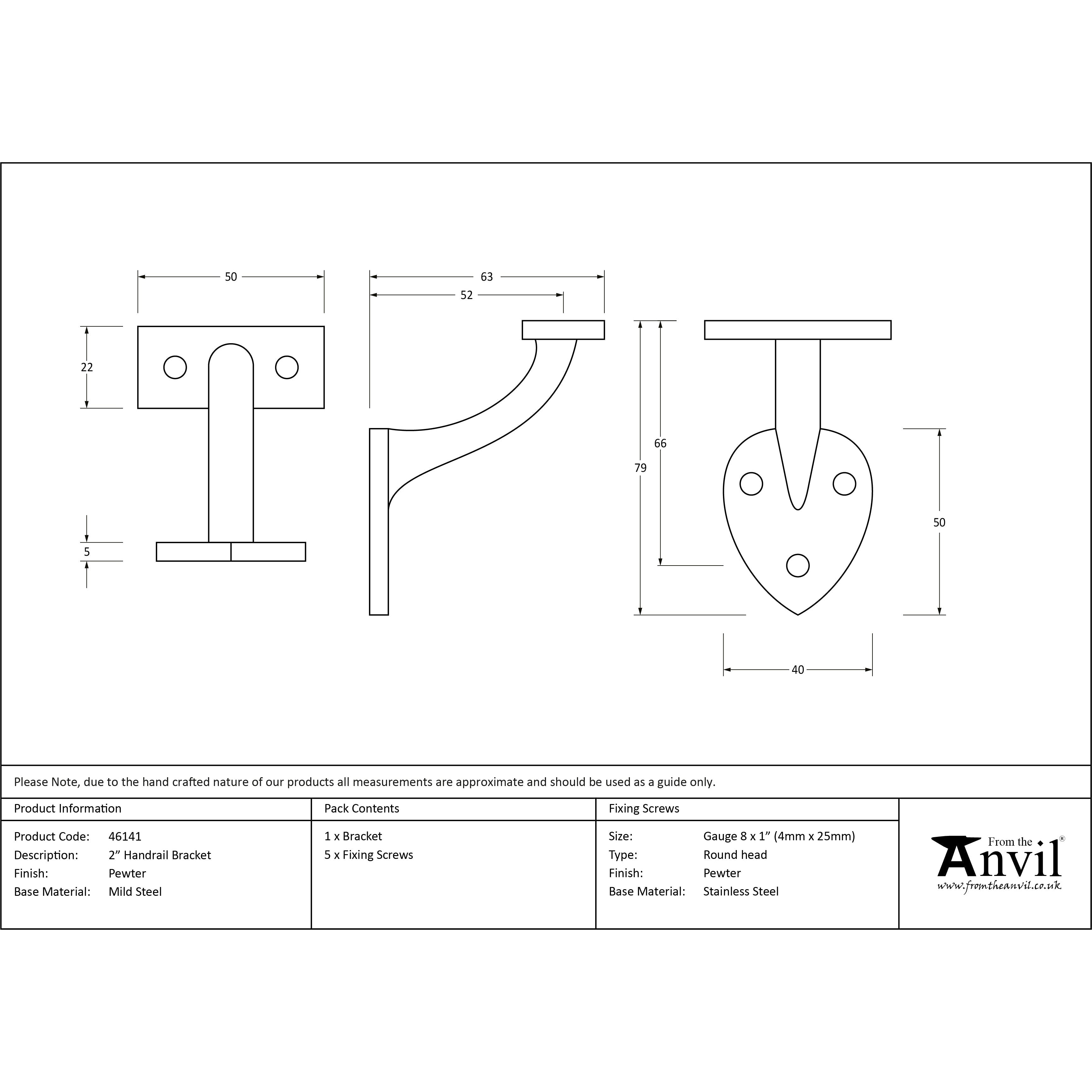 Pewter 2" Handrail Bracket | From The Anvil-Handrail Brackets-Yester Home