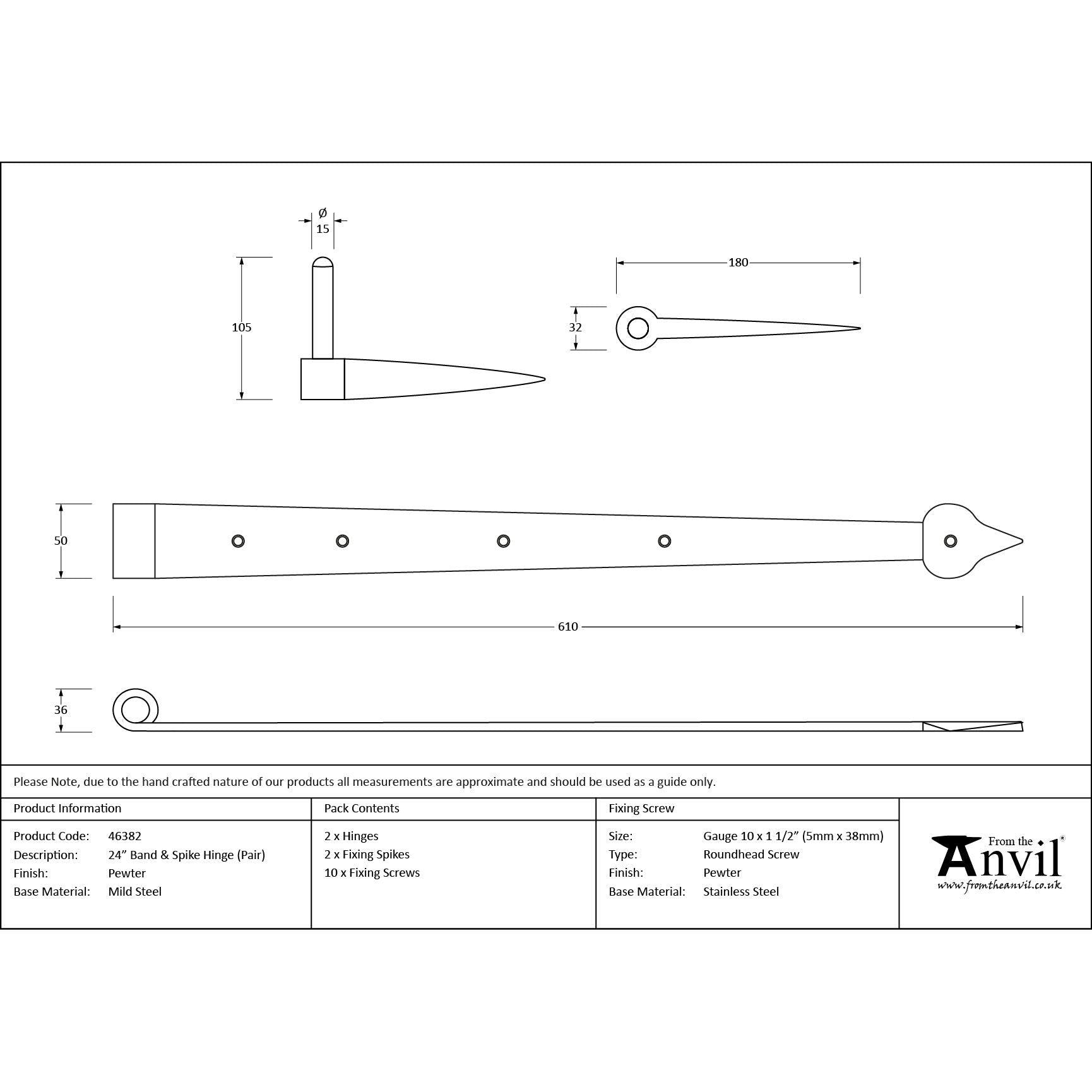 Pewter 24" Band & Spike Hinge (Pair) | From The Anvil - Hook & Band Hinges - From The Anvil - Yester Home
