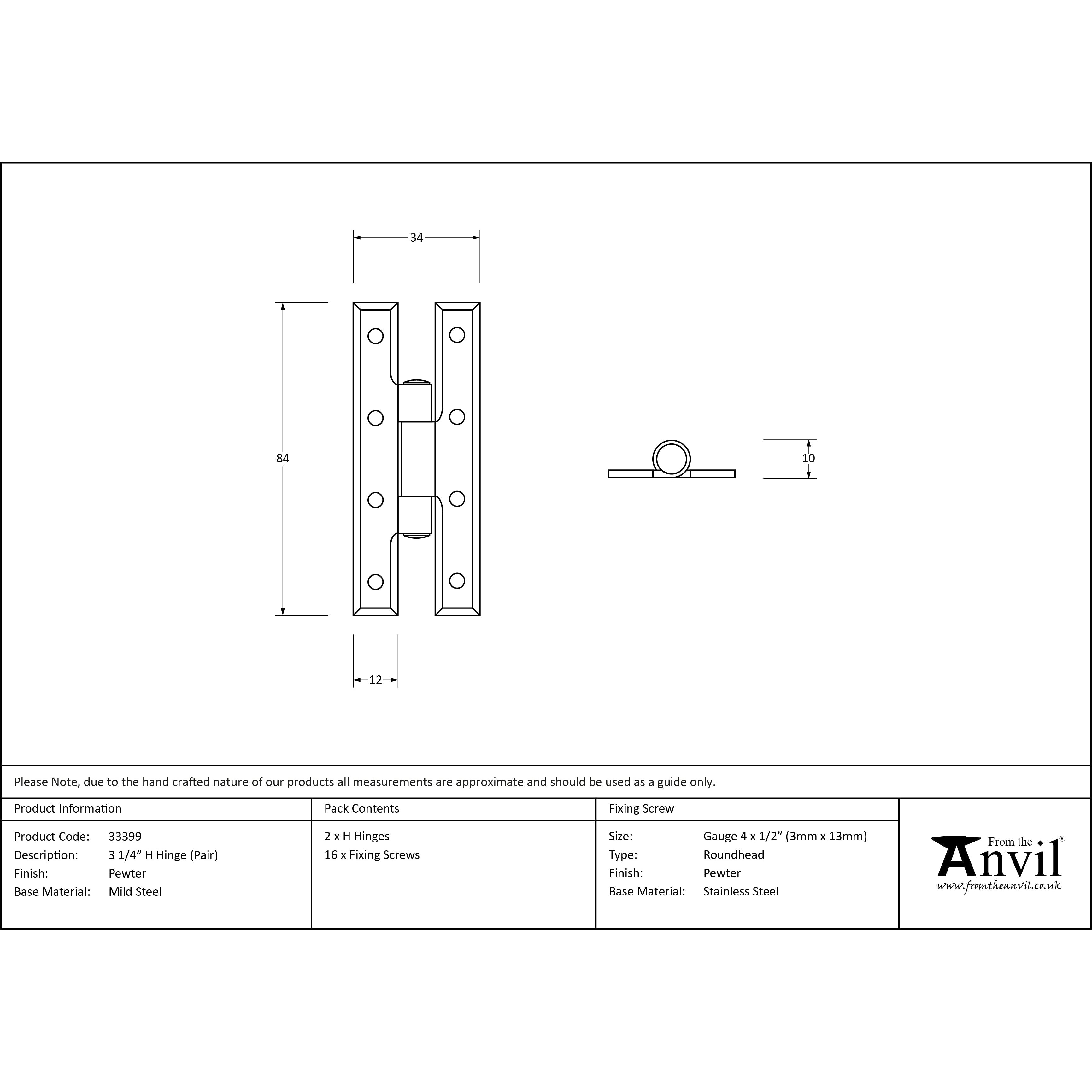 Pewter 3¼" H Hinge (pair) | From The Anvil-H & HL Hinges-Yester Home