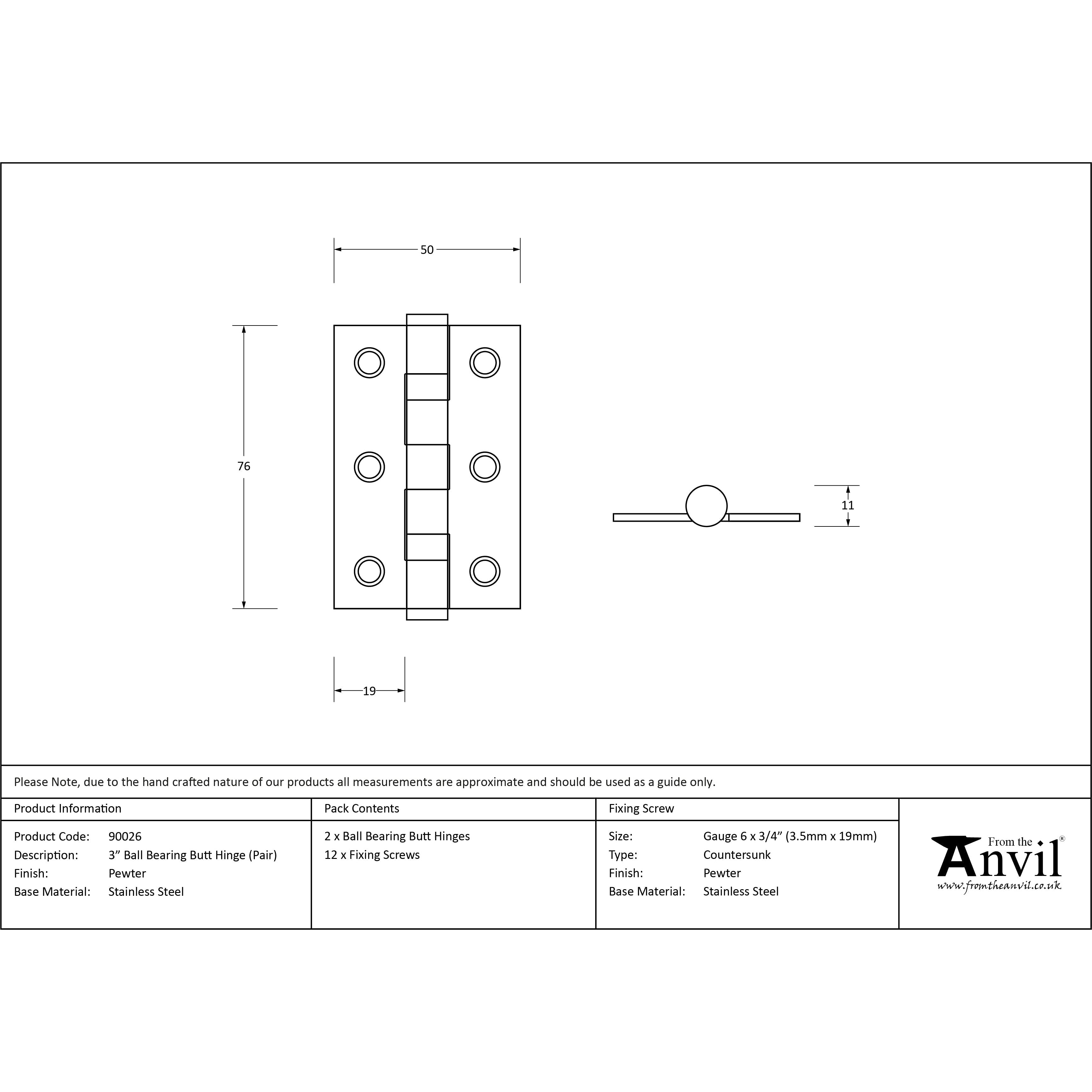 Pewter 3" Ball Bearing Butt Hinge (Pair) ss | From The Anvil-Butt Hinges-Yester Home