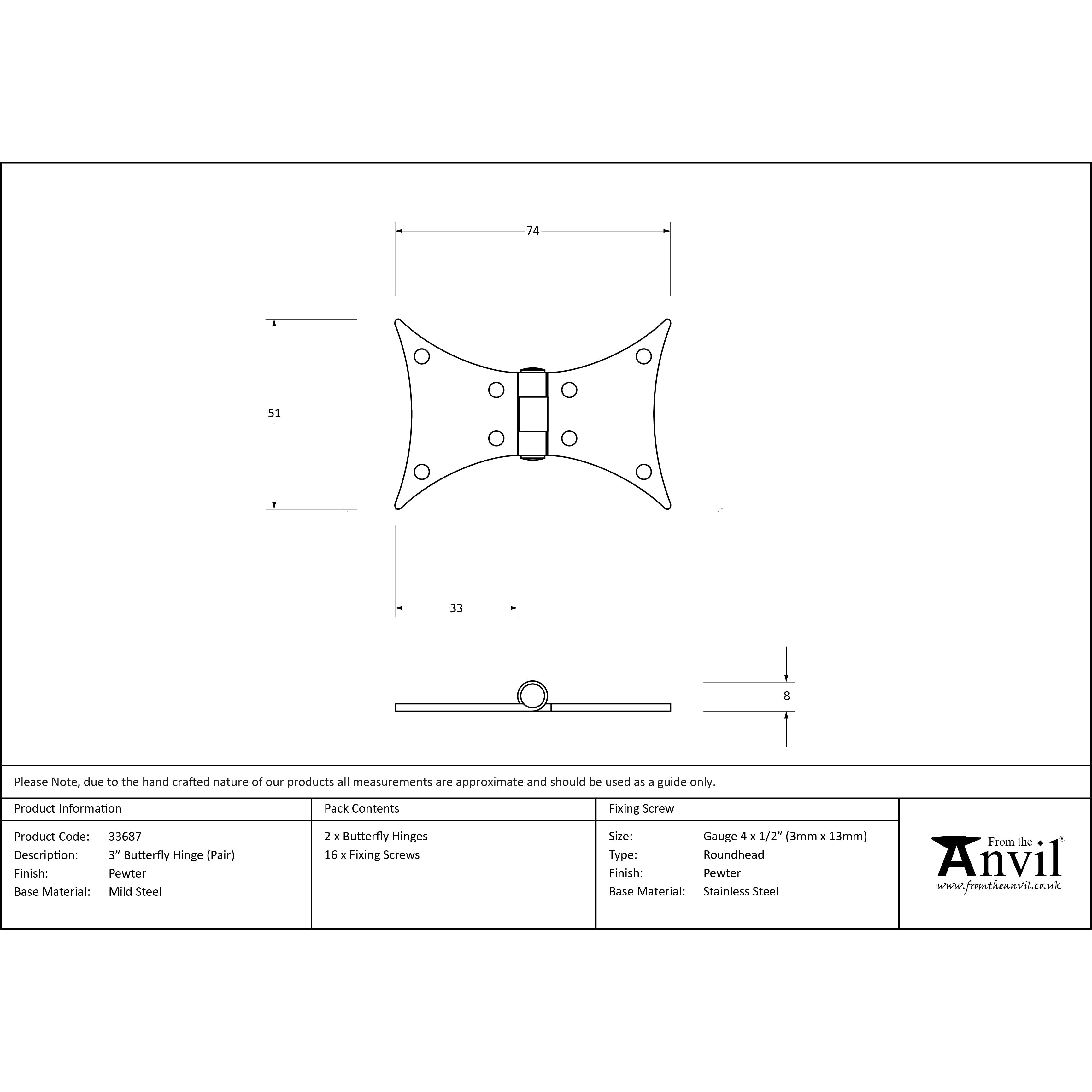 Pewter 3" Butterfly Hinge (pair) | From The Anvil-Butterfly Hinges-Yester Home