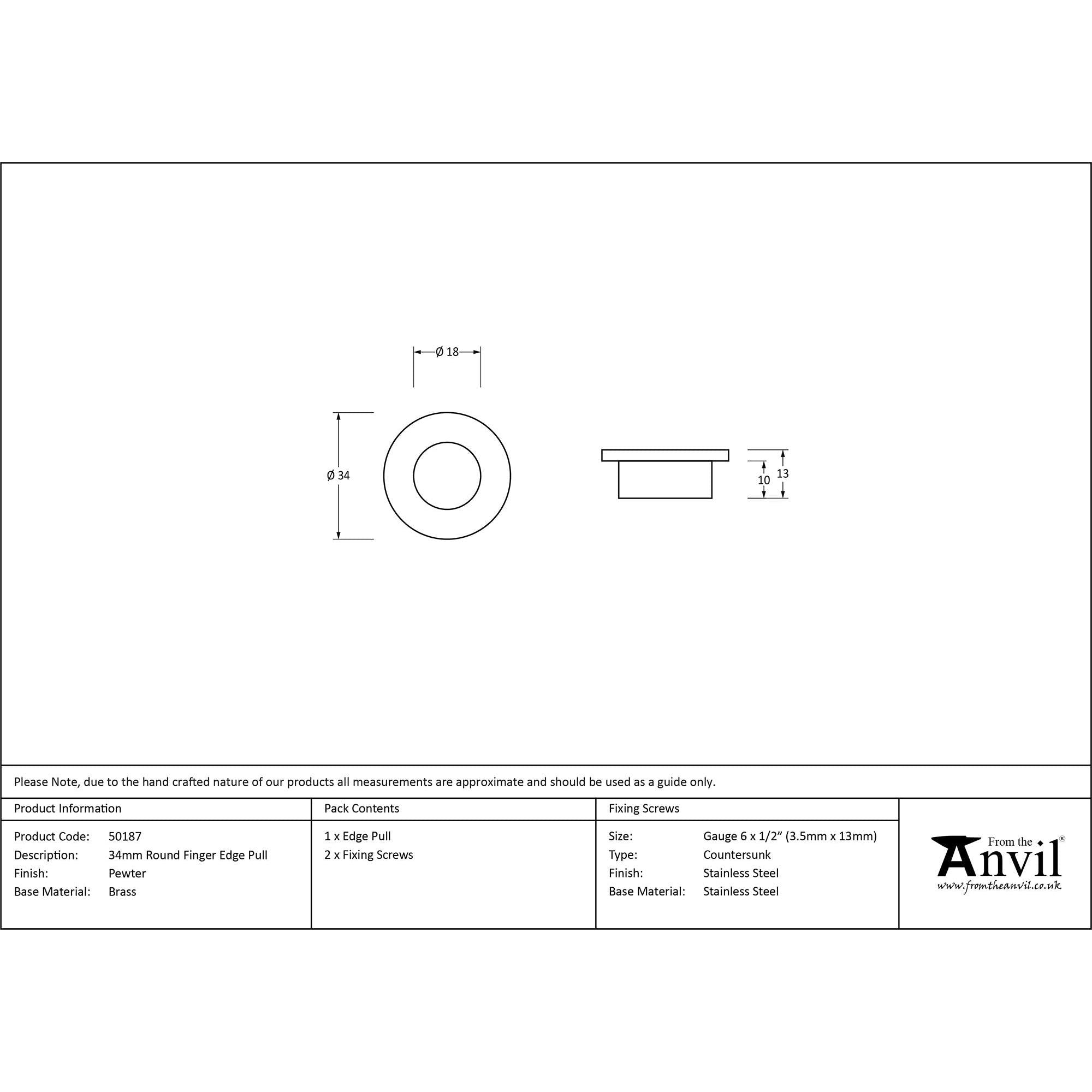 Pewter 34mm Round Finger Edge Pull | From The Anvil - Cabinet Pulls - From The Anvil - Yester Home