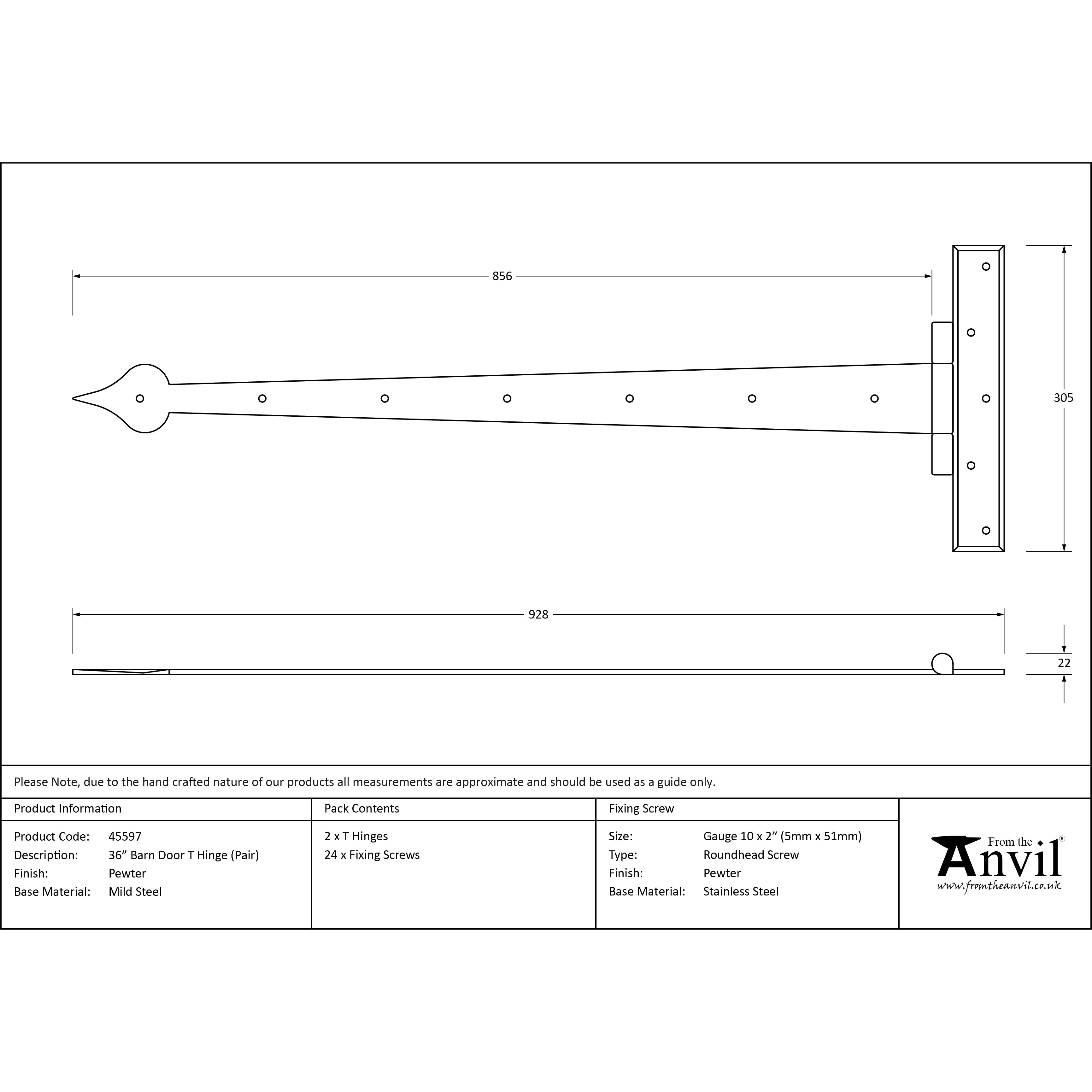 Pewter 36" Barn Door T Hinge (pair) | From The Anvil-T Hinges-Yester Home