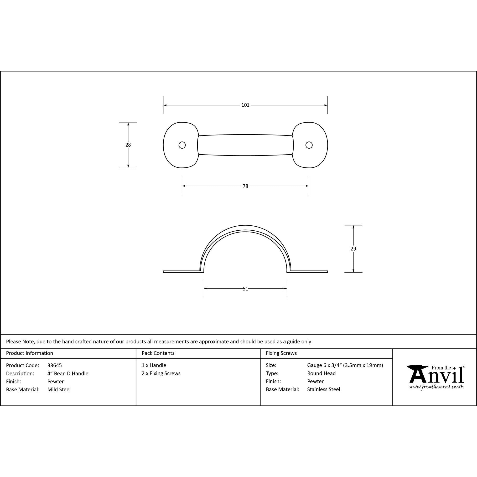 Pewter 4" Bean D Handle | From The Anvil - D Handles - From The Anvil - Yester Home