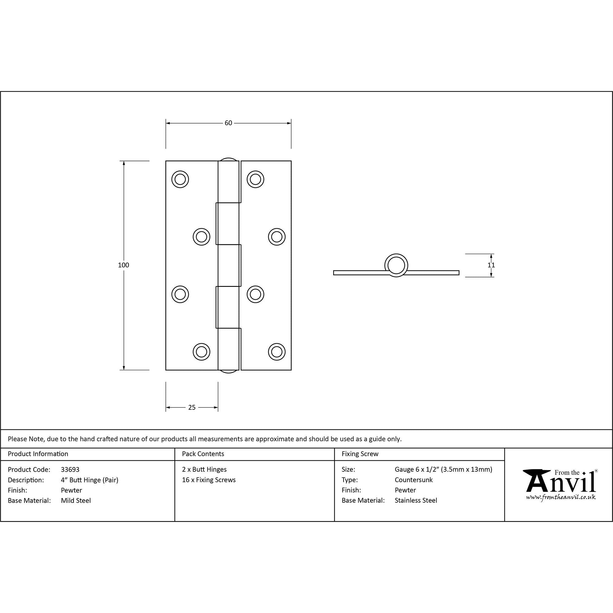 Pewter 4" Butt Hinge (pair) | From The Anvil - Butt Hinges - From The Anvil - Yester Home