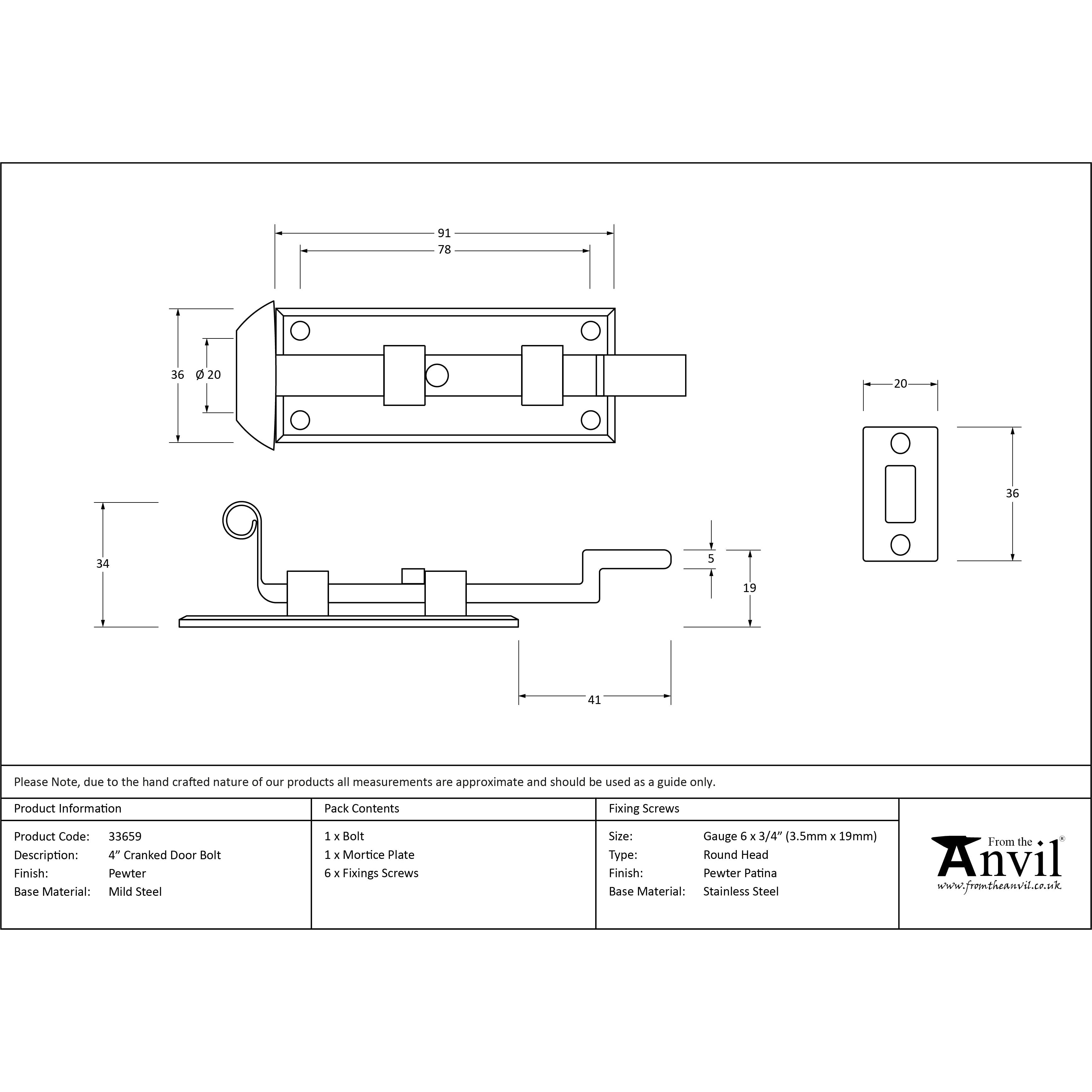 Pewter 4" Cranked Door Bolt | From The Anvil-Bolts-Yester Home