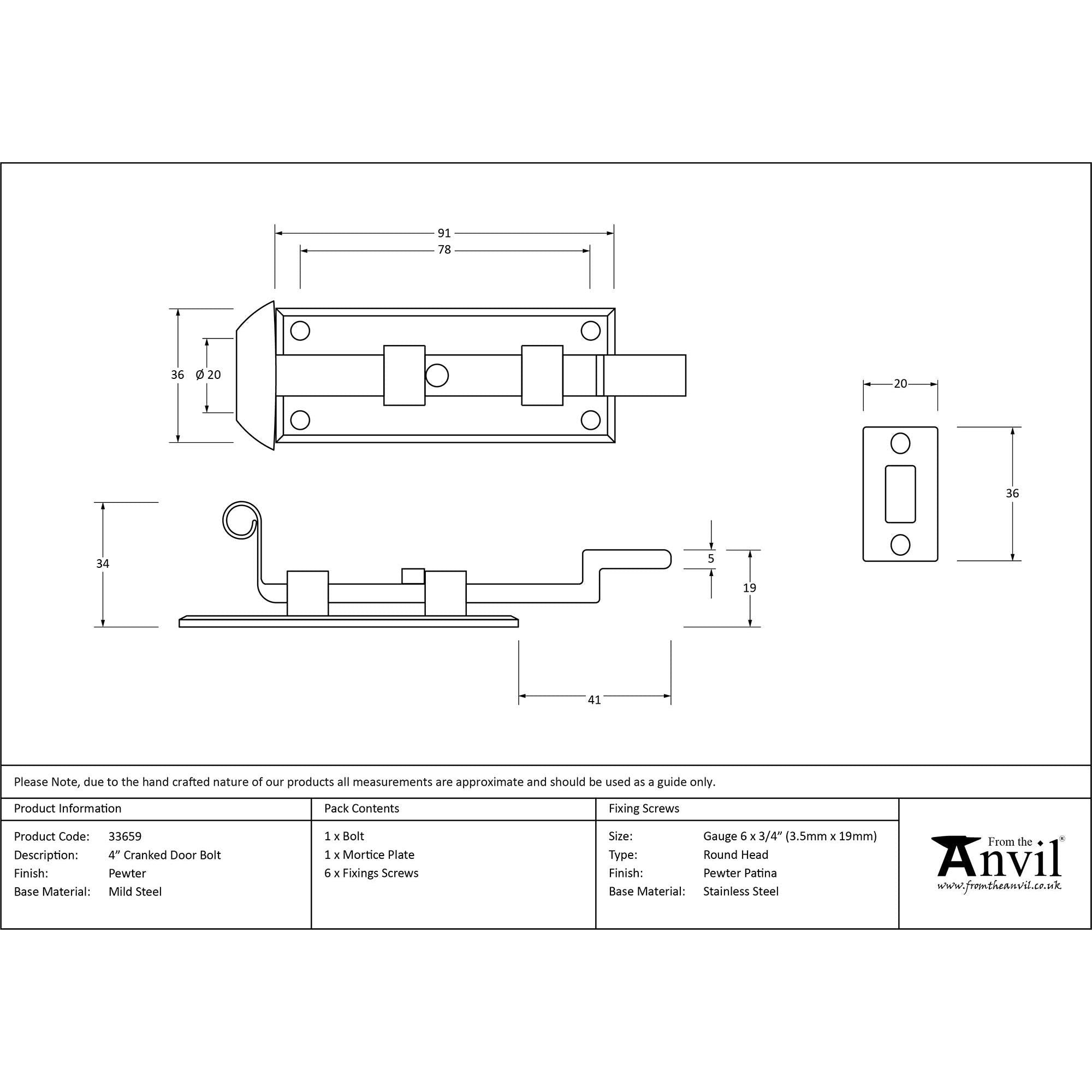 Pewter 4" Cranked Door Bolt | From The Anvil - Bolts - From The Anvil - Yester Home