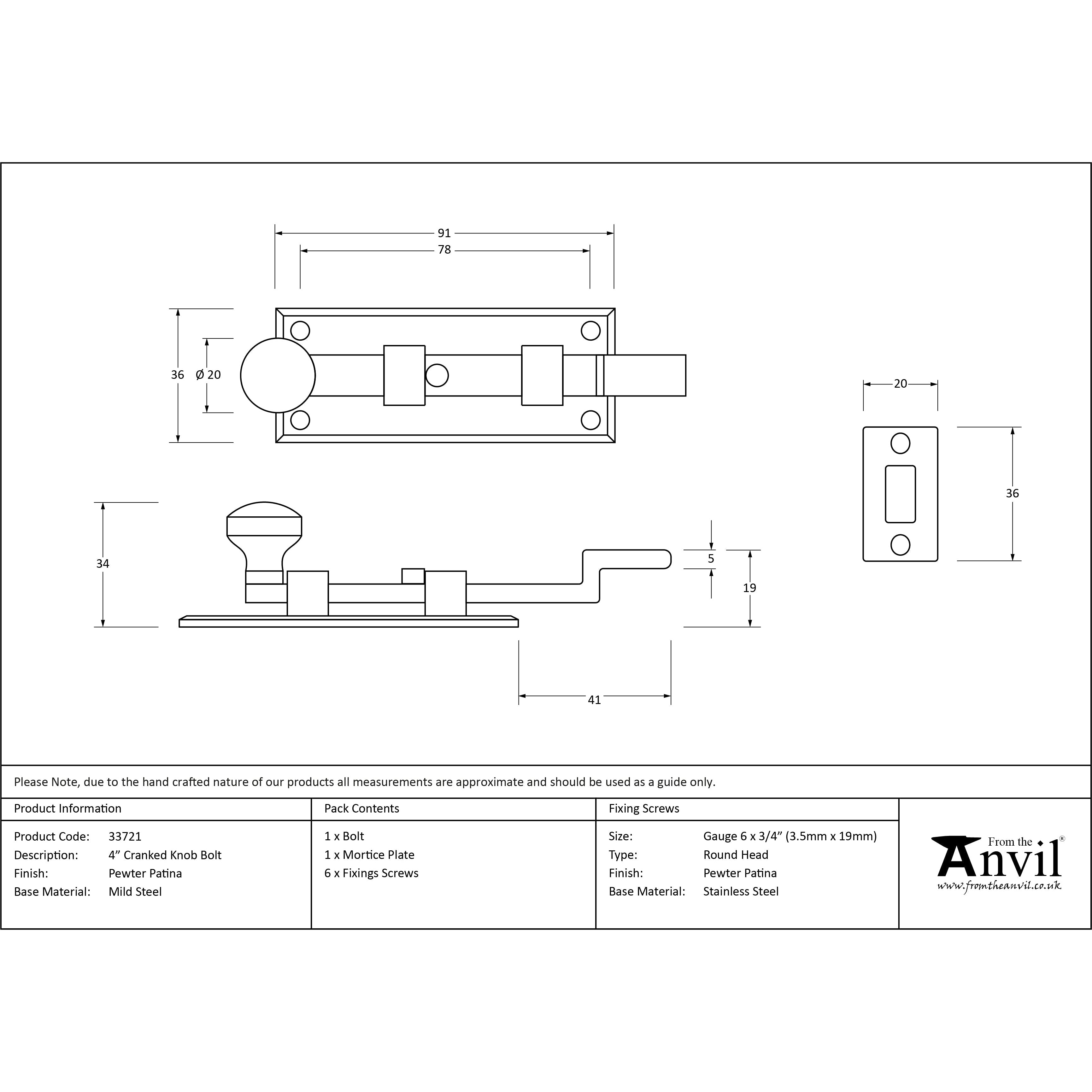 Pewter 4" Cranked Knob Bolt | From The Anvil-Bolts-Yester Home