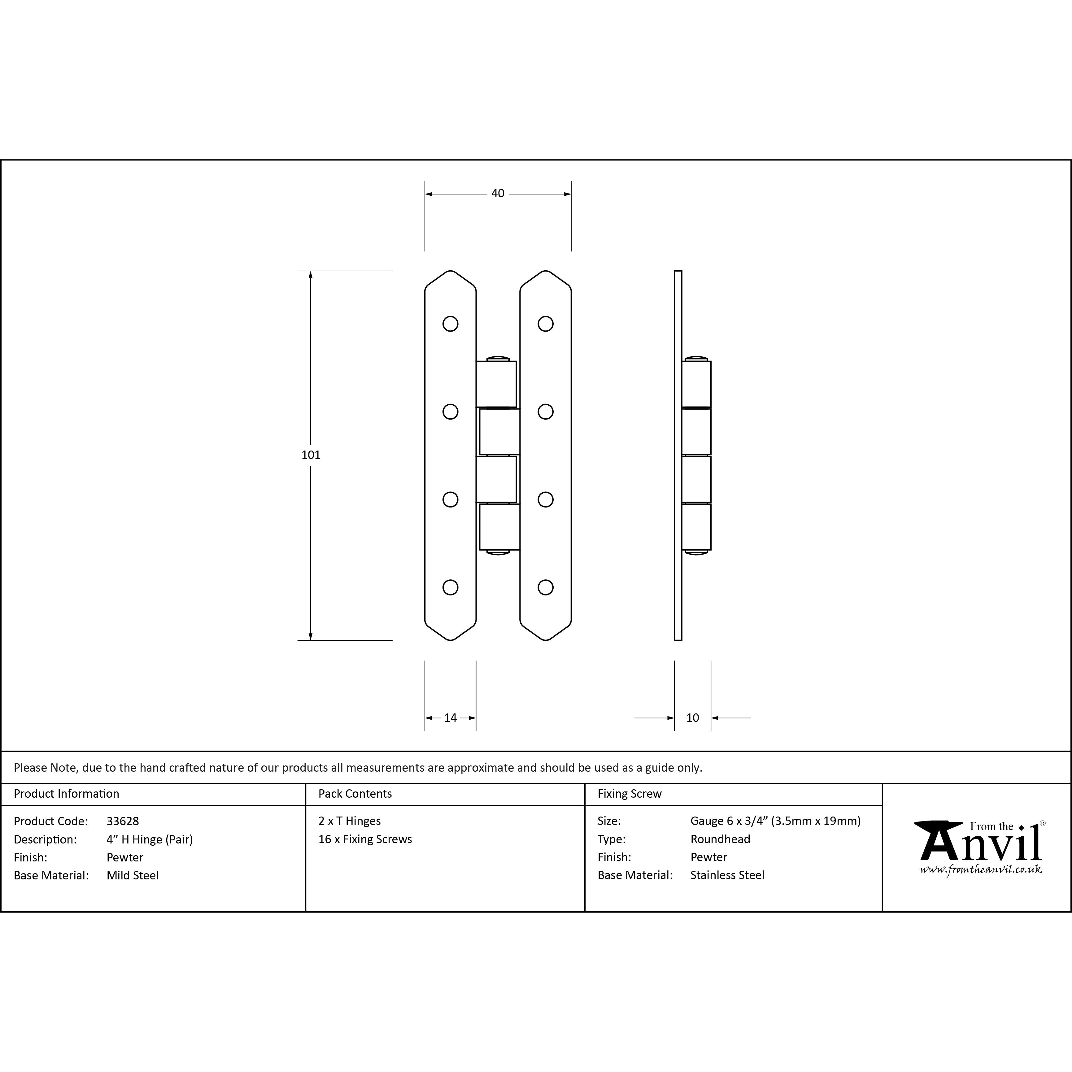 Pewter 4" H Hinge (pair) | From The Anvil-H & HL Hinges-Yester Home