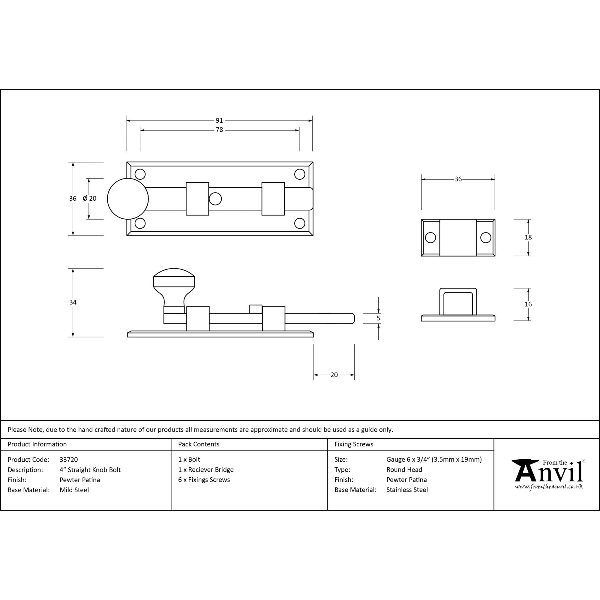 Pewter 4" Straight Knob Bolt | From The Anvil - Bolts - From The Anvil - Yester Home