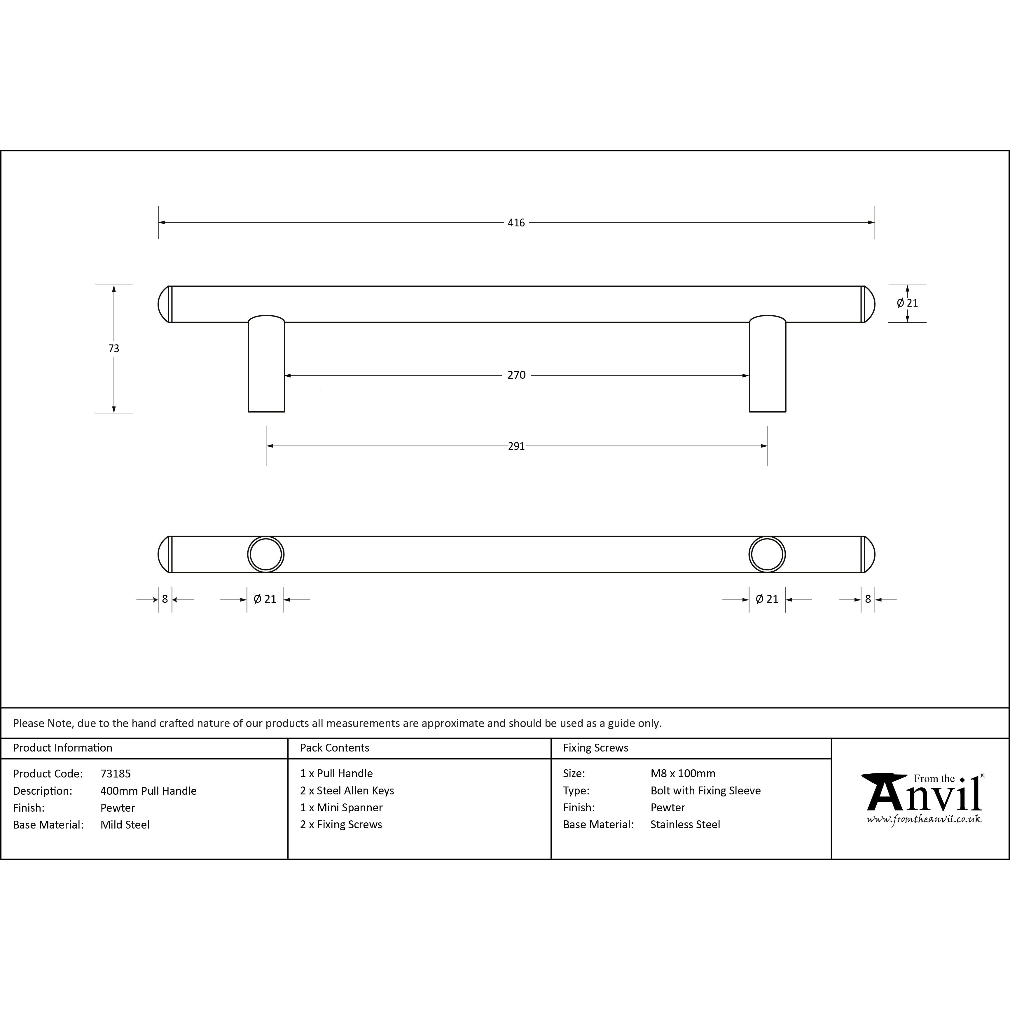 Pewter 400mm Pull Handle | From The Anvil-Pull Handles-Yester Home