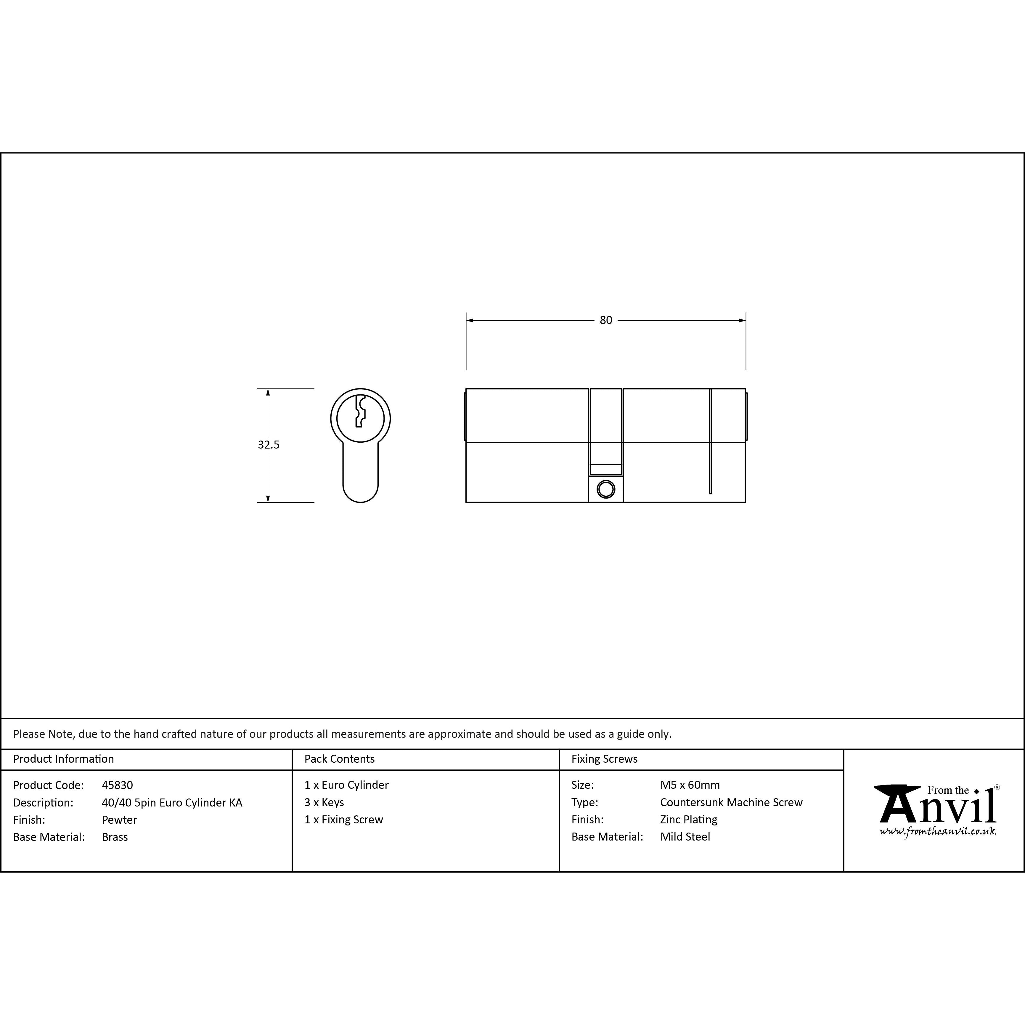 Pewter 40/40 5pin Euro Cylinder KA | From The Anvil - Euro Cylinders - From The Anvil - Yester Home