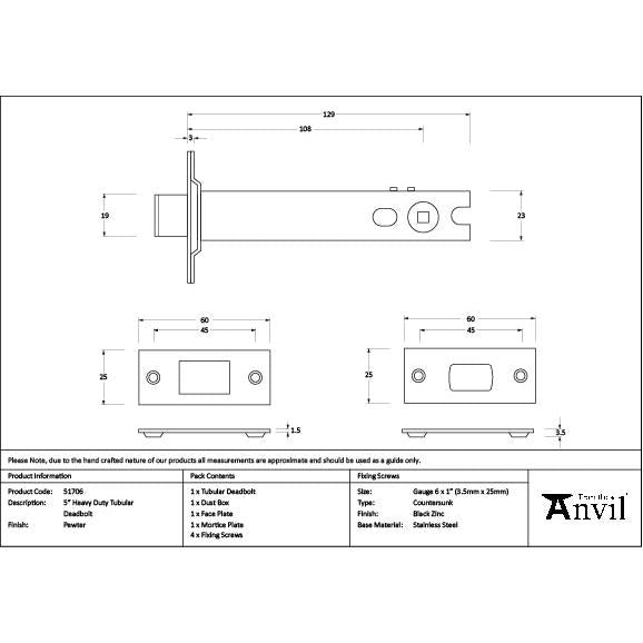 Pewter 5" Heavy Duty Tubular Deadbolt - Deadlocks & Deadbolts - From The Anvil - Yester Home