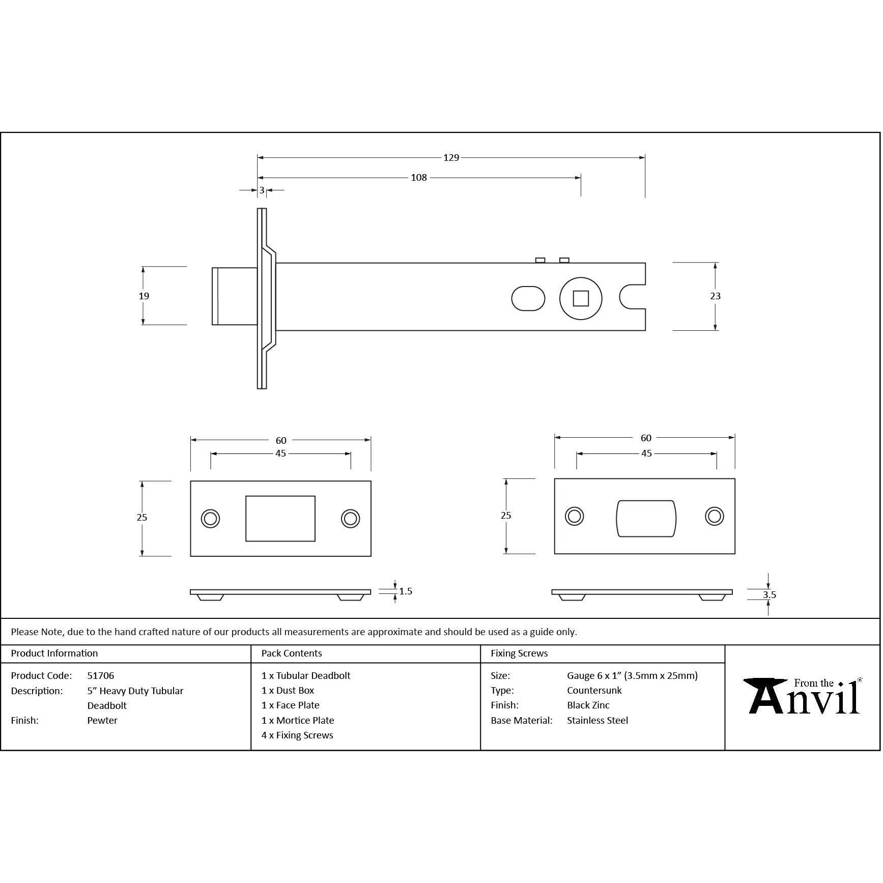 Pewter 5" Heavy Duty Tubular Deadbolt - Deadlocks & Deadbolts - From The Anvil - Yester Home
