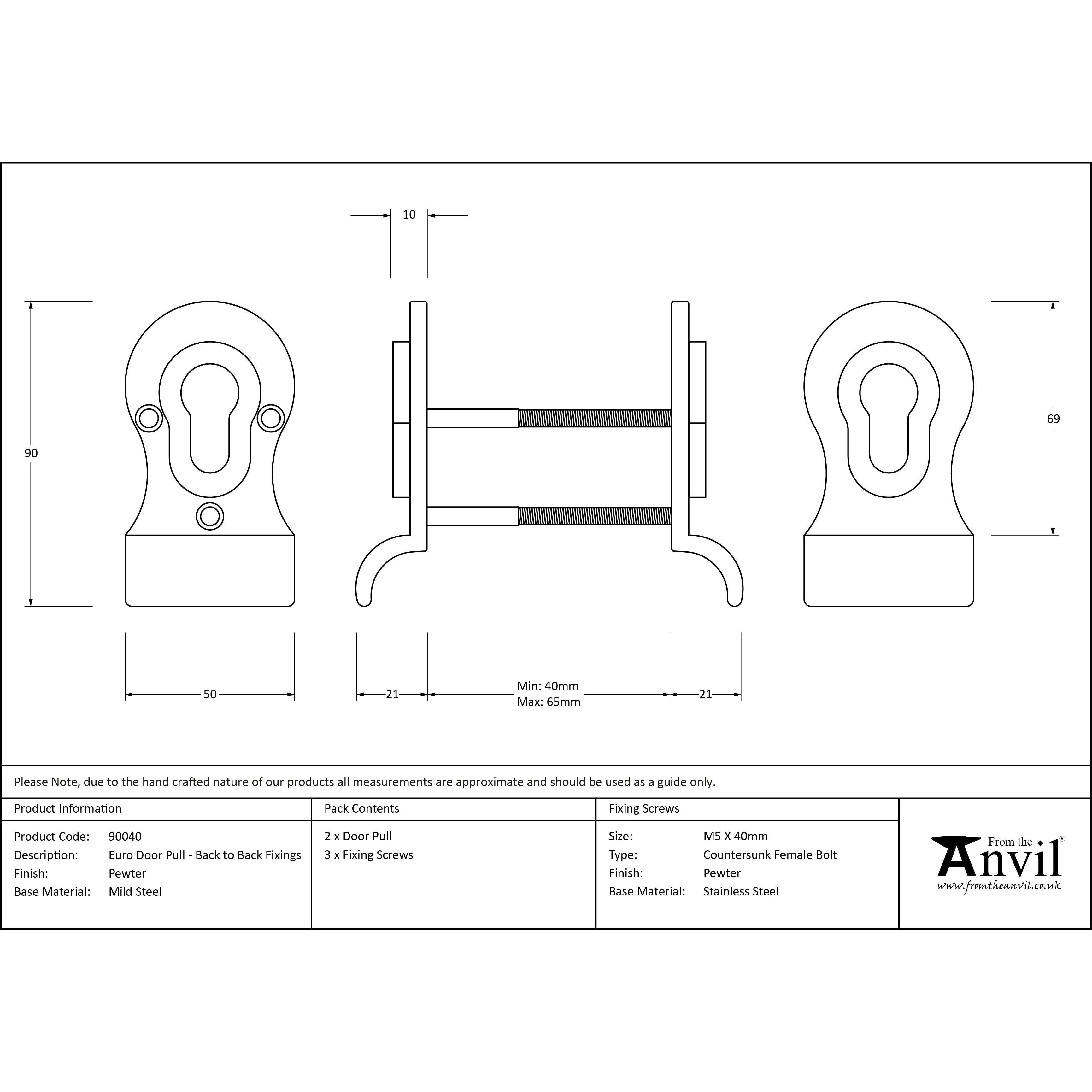 Pewter 50mm Euro Door Pull (Back to Back fixings) | From The Anvil-Euro Pulls-Yester Home