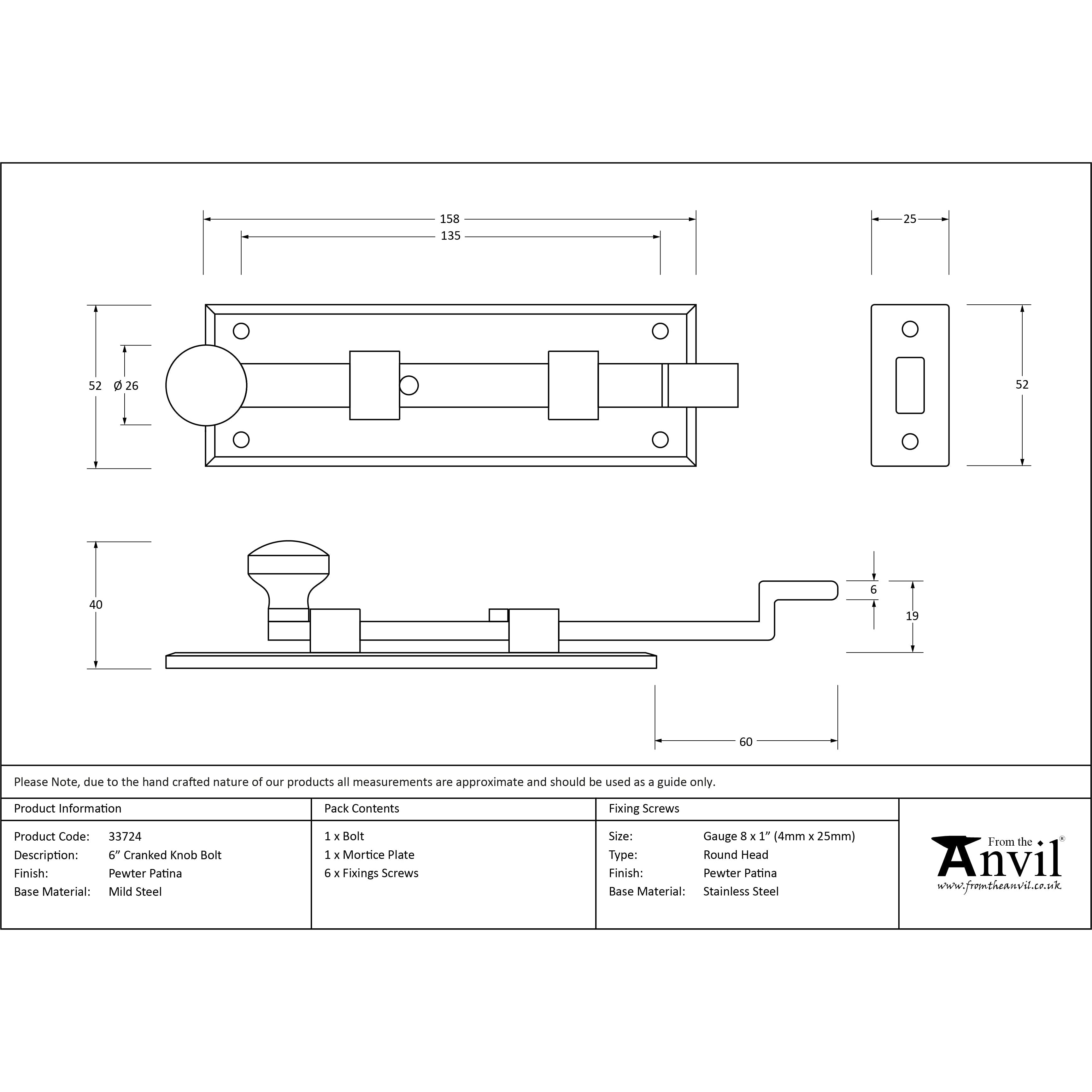 Pewter 6" Cranked Knob Bolt | From The Anvil-Bolts-Yester Home