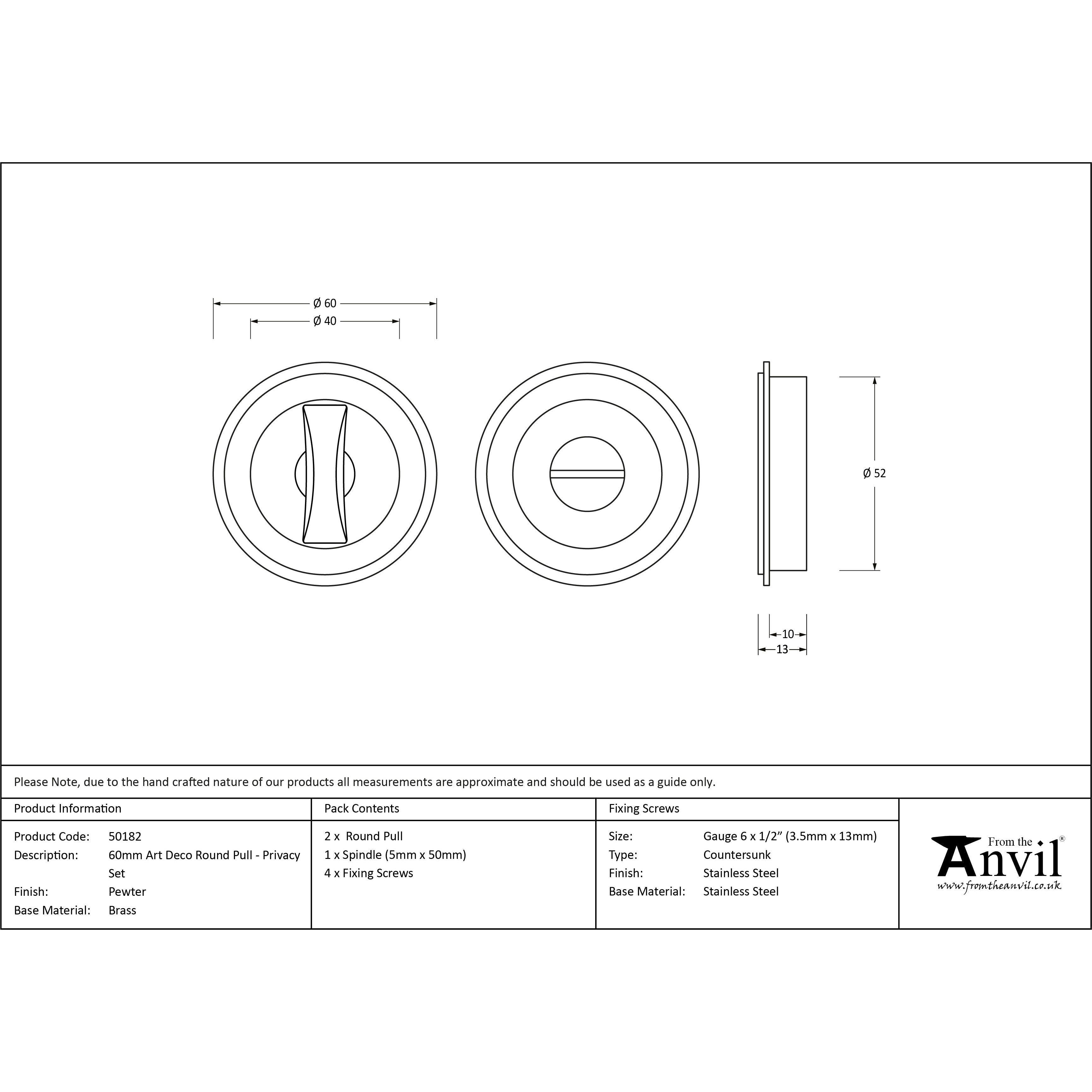 Pewter 60mm Art Deco Round Pull - Privacy Set | From The Anvil-Cabinet Pulls-Yester Home