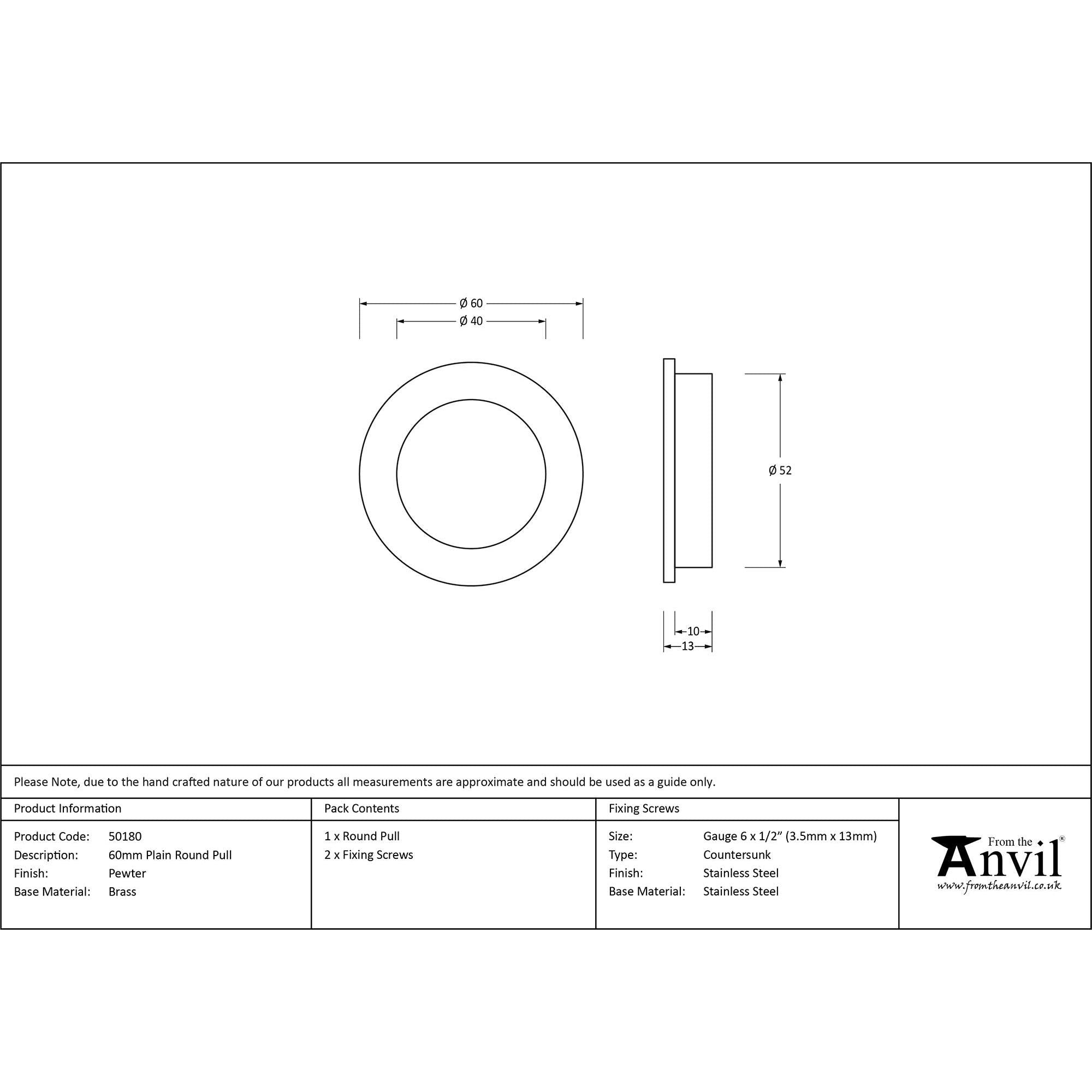 Pewter 60mm Plain Round Pull | From The Anvil - Cabinet Pulls - From The Anvil - Yester Home