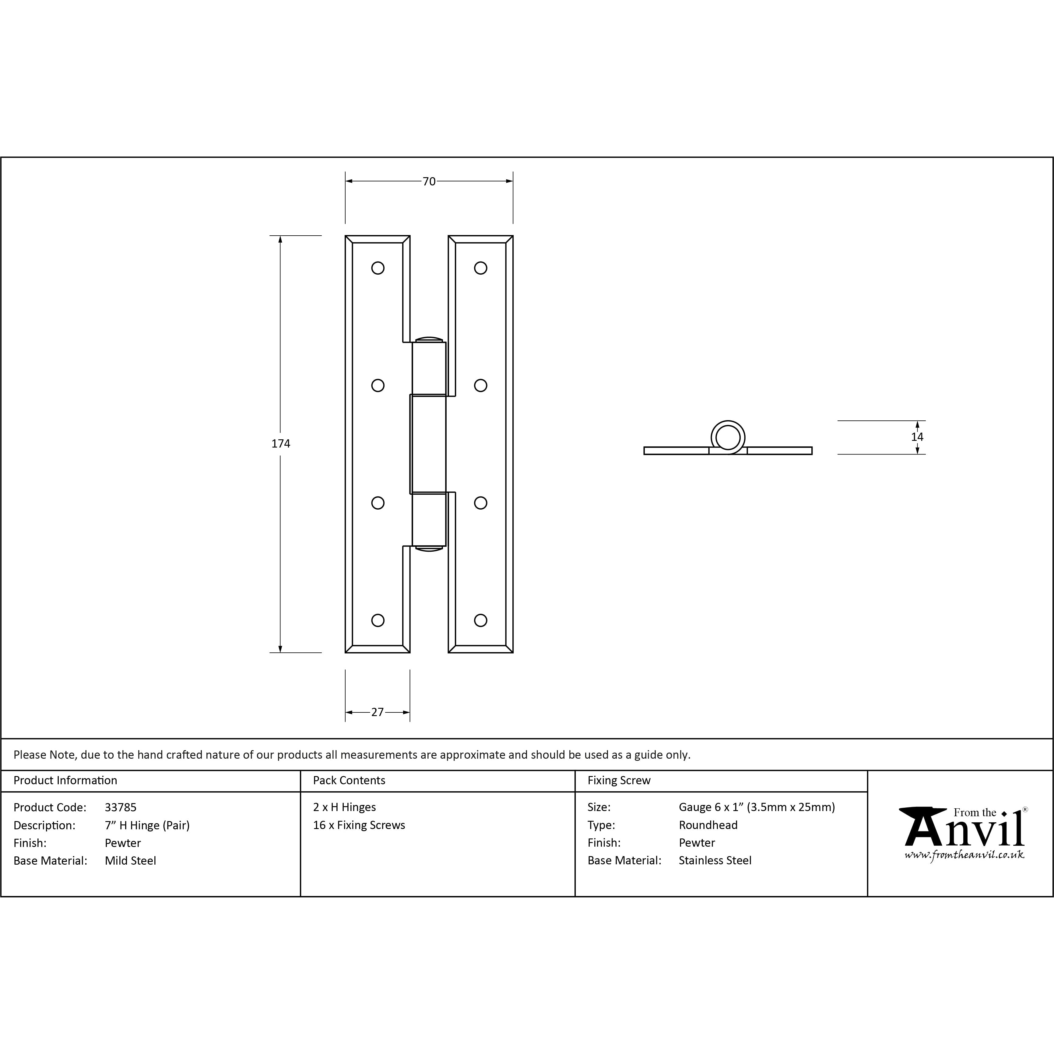Pewter 7" H Hinge (pair) | From The Anvil-H & HL Hinges-Yester Home