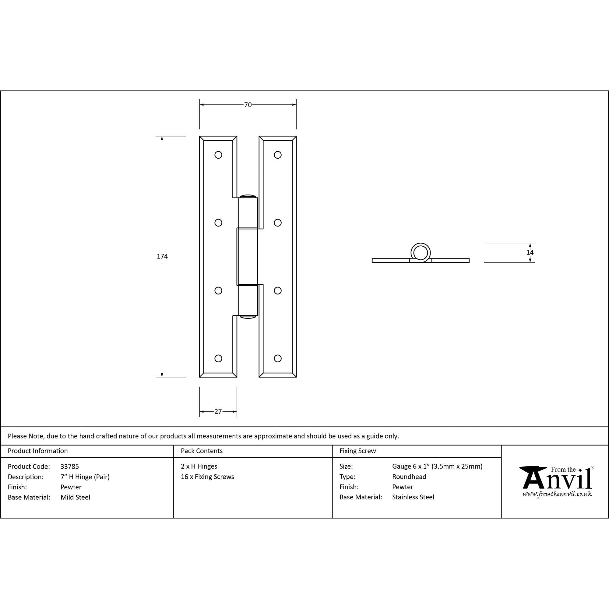 Pewter 7" H Hinge (pair) | From The Anvil - H & HL Hinges - From The Anvil - Yester Home