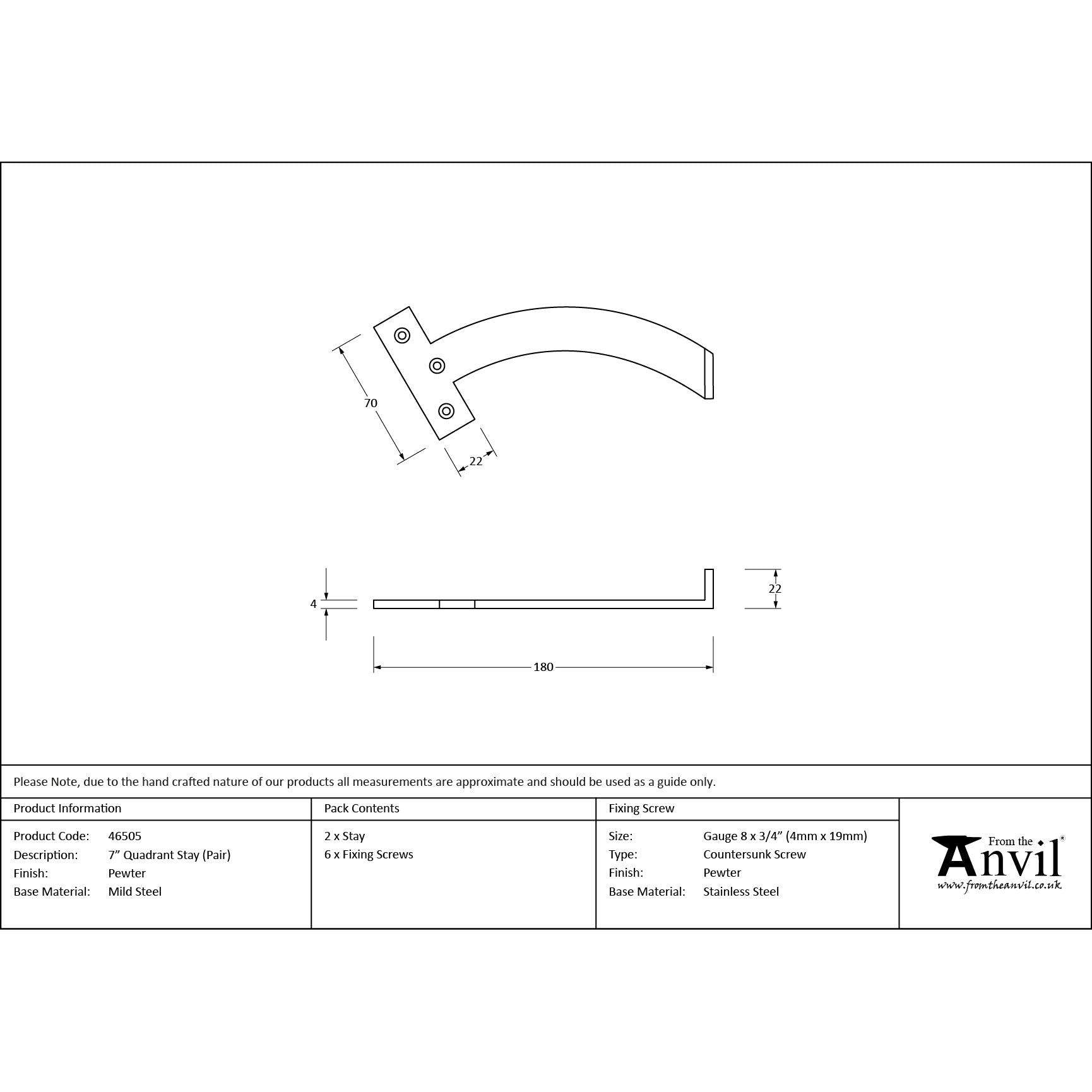 Pewter 7" Quadrant Stay (Pair) | From The Anvil - Stays - From The Anvil - Yester Home