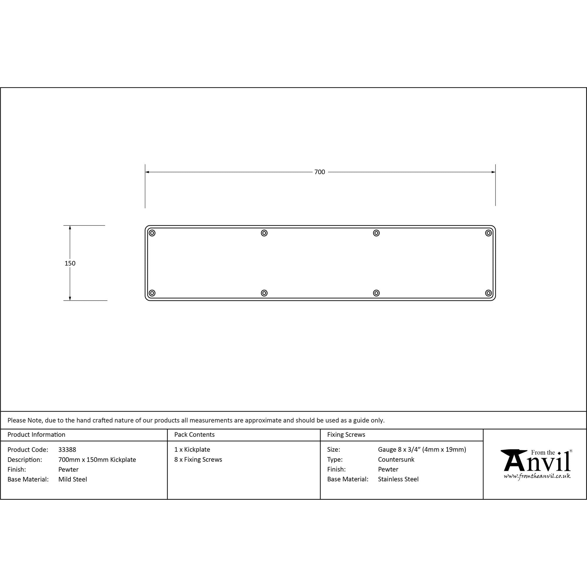 Pewter 700mm x 150mm Kick Plate | From The Anvil - Kickplates - From The Anvil - Yester Home
