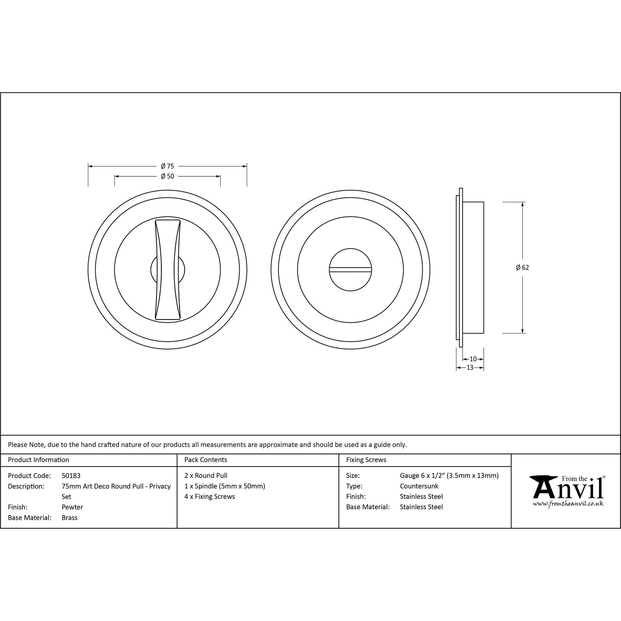 Pewter 75mm Art Deco Round Pull - Privacy Set | From The Anvil - Cabinet Pulls - From The Anvil - Yester Home