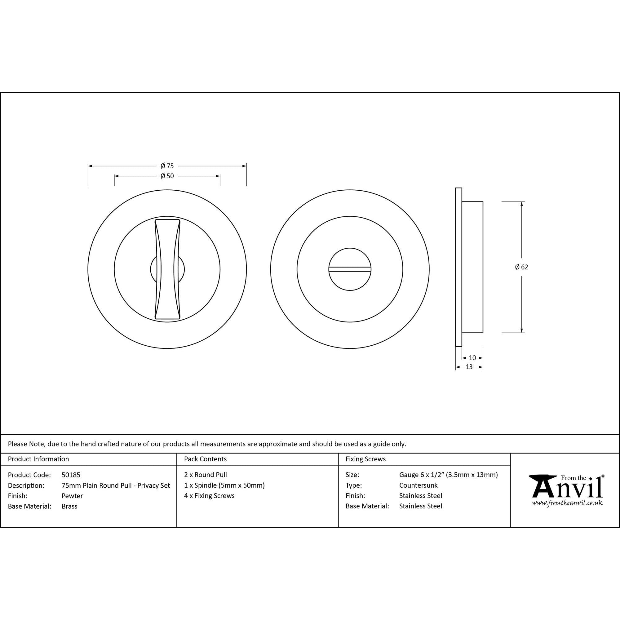 Pewter 75mm Plain Round Pull - Privacy Set | From The Anvil - Cabinet Pulls - From The Anvil - Yester Home